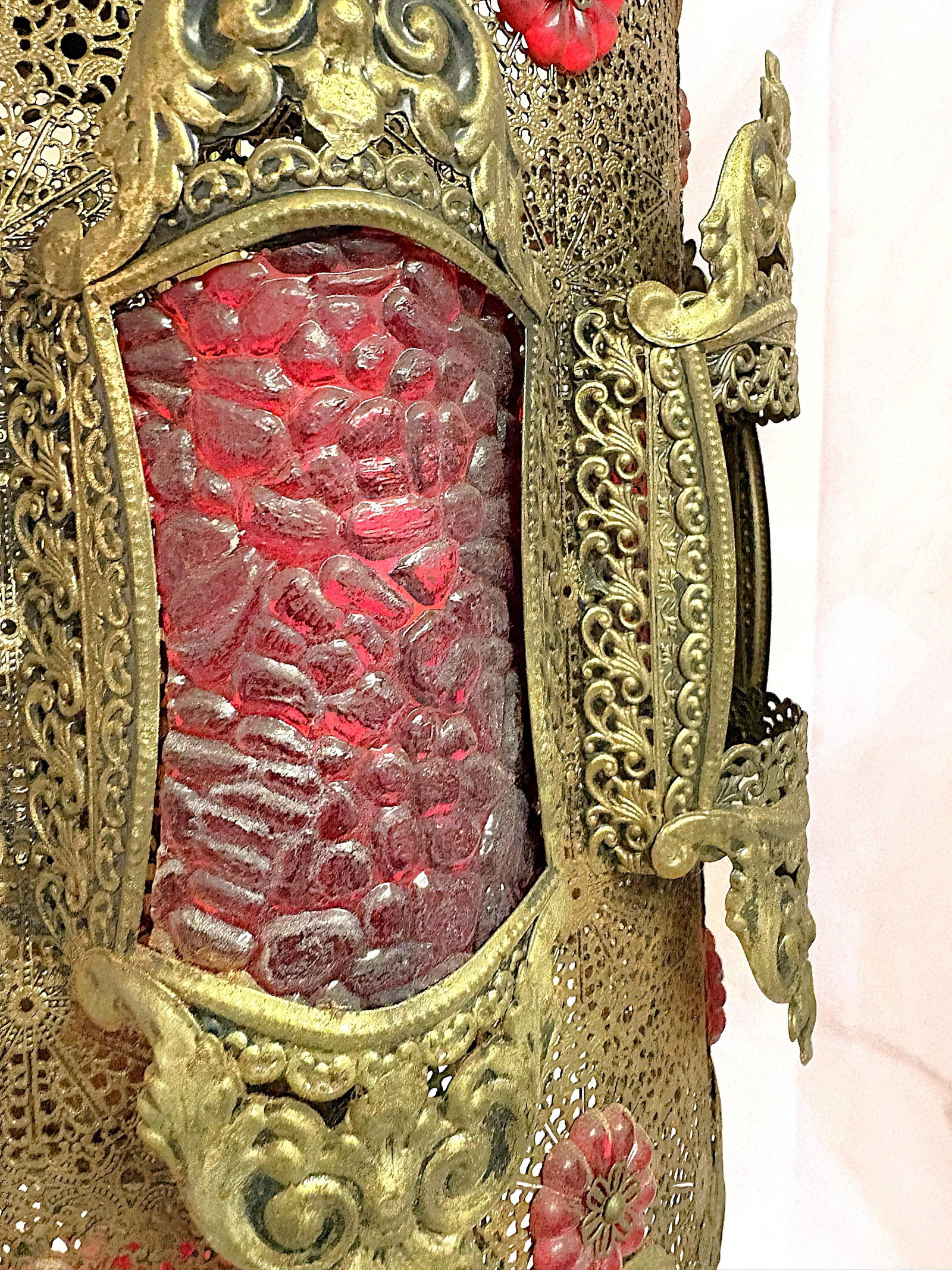 1970's Middle Eastern Hand Cut and Pierced Brass Pendant Lantern With Red Accents - 17