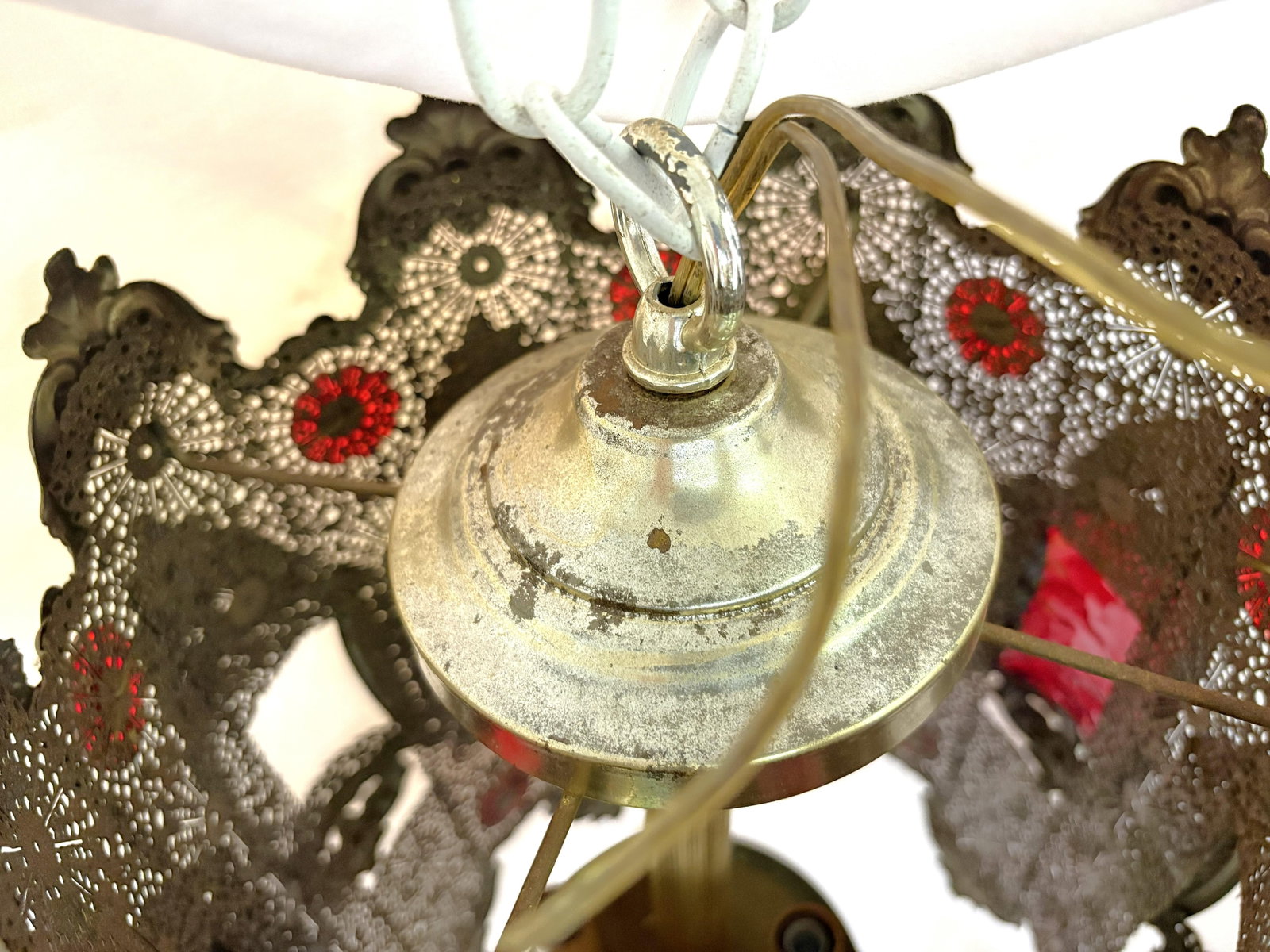 1970's Middle Eastern Hand Cut and Pierced Brass Pendant Lantern With Red Accents - 18