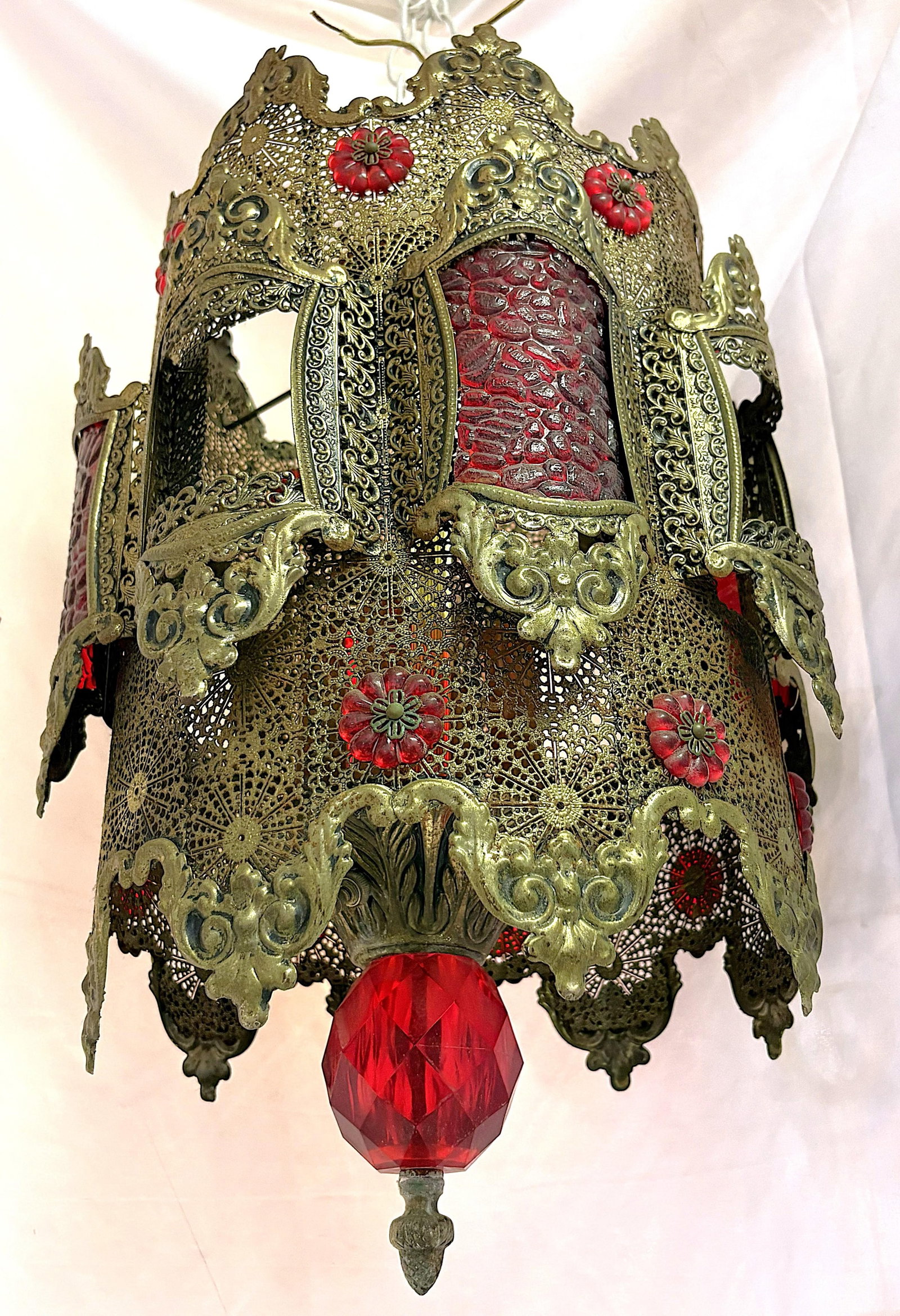 1970's Middle Eastern Hand Cut and Pierced Brass Pendant Lantern With Red Accents - 2