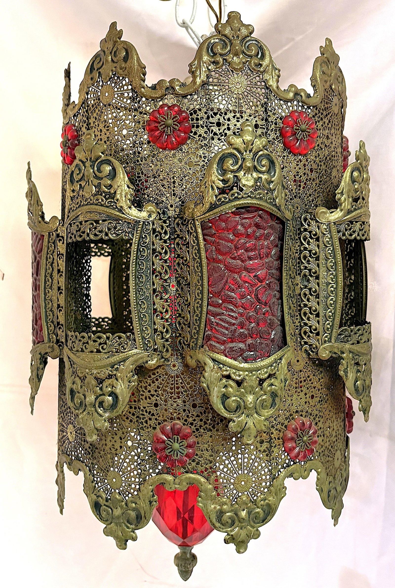 1970's Middle Eastern Hand Cut and Pierced Brass Pendant Lantern With Red Accents - 3
