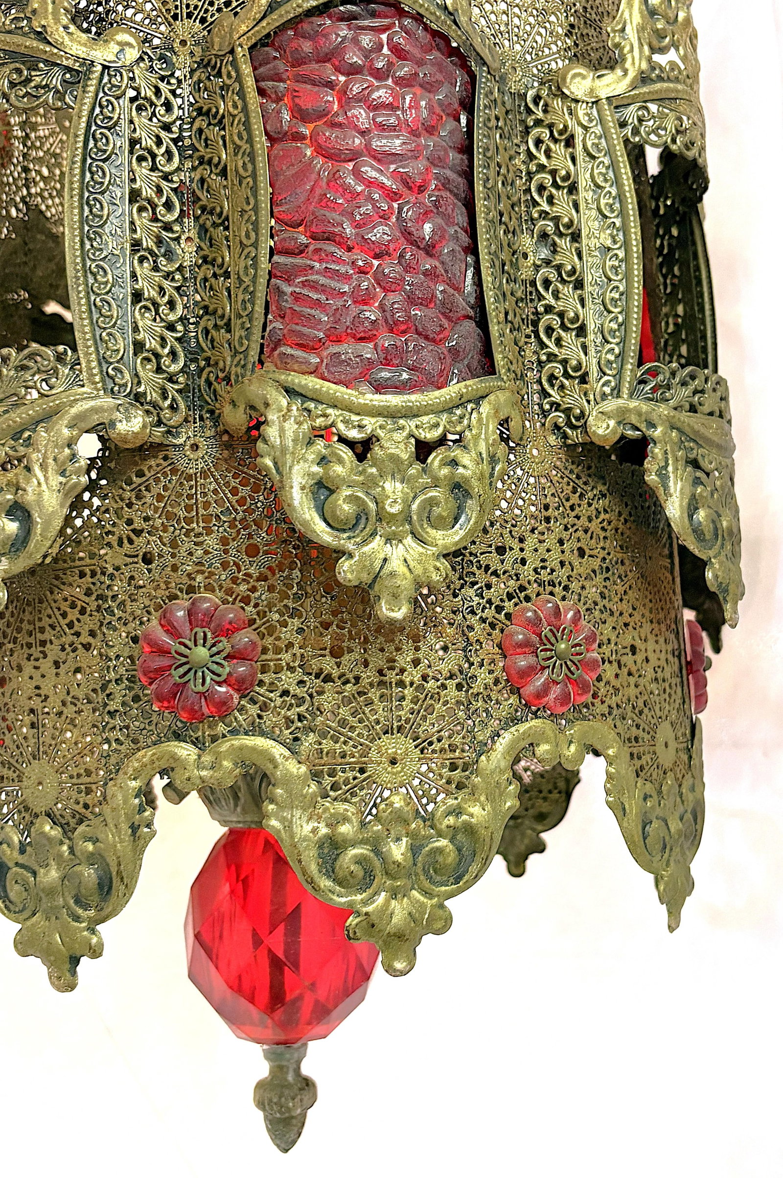 1970's Middle Eastern Hand Cut and Pierced Brass Pendant Lantern With Red Accents - 5