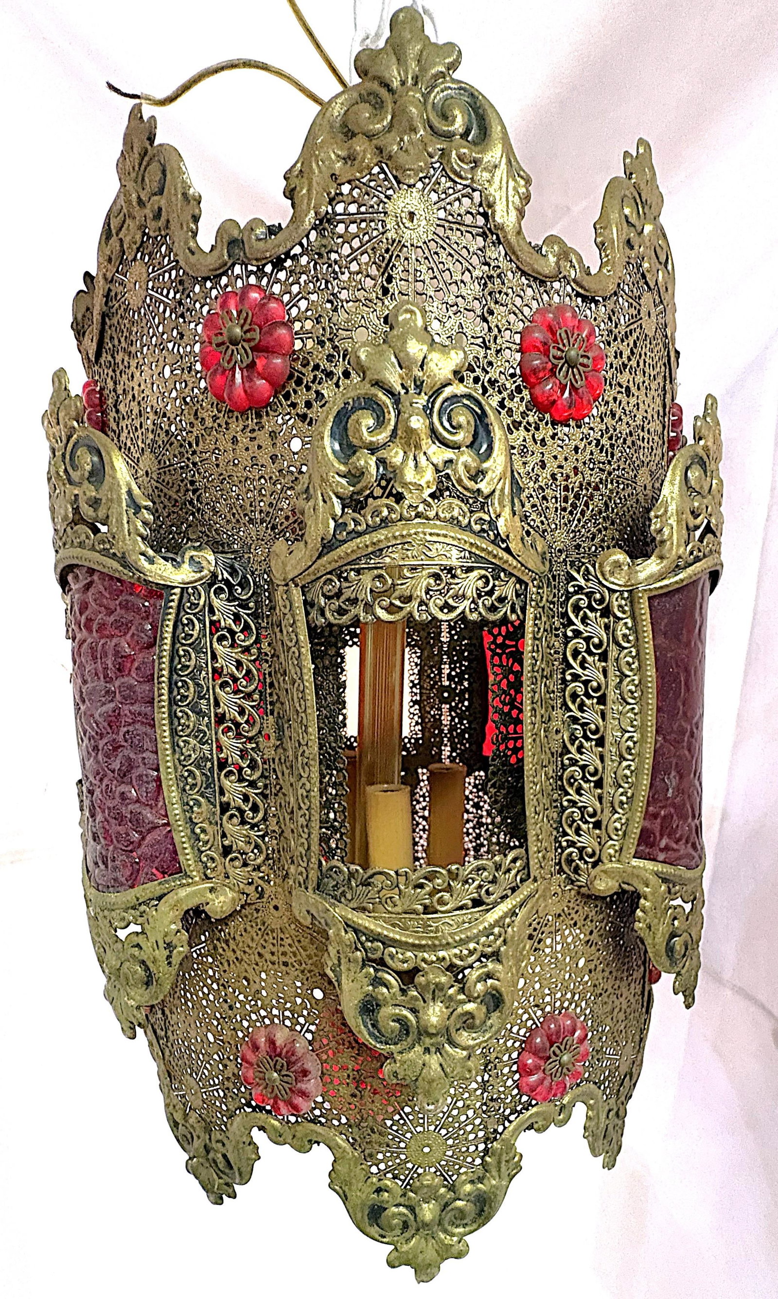 1970's Middle Eastern Hand Cut and Pierced Brass Pendant Lantern With Red Accents - 9