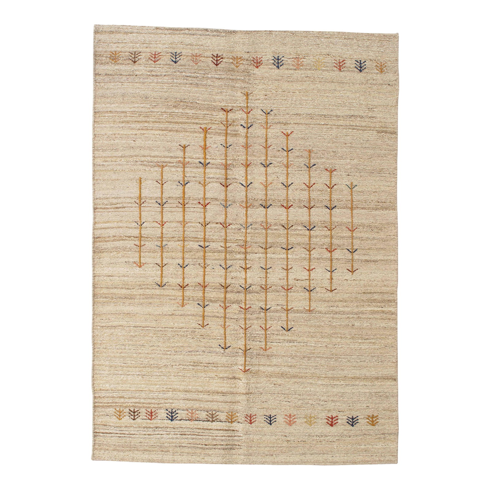 Late 20th Century Hand-Knotted Persian Sumak-Style Gabbeh Weave Rug 4'7" X 6'6": Hand-knotted Sumak rug featuring a soft beige field with a central diamond-shaped arrangement of stylized tree motifs. The linear trees, rendered in rust, gold, muted blue, and earthy tones, create a