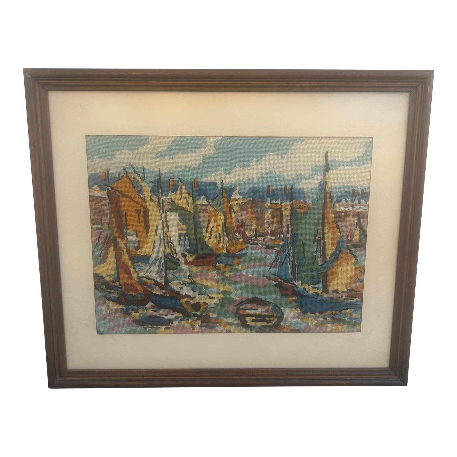 Vintage Hand Made Needlepoint Sailboat Picture: Hand made needlepoint vintage abstract sailboat painting framed with glass. Interesting artwork from the mid century Condition: Alterations: Original Condition Unaltered Imperfections: Some