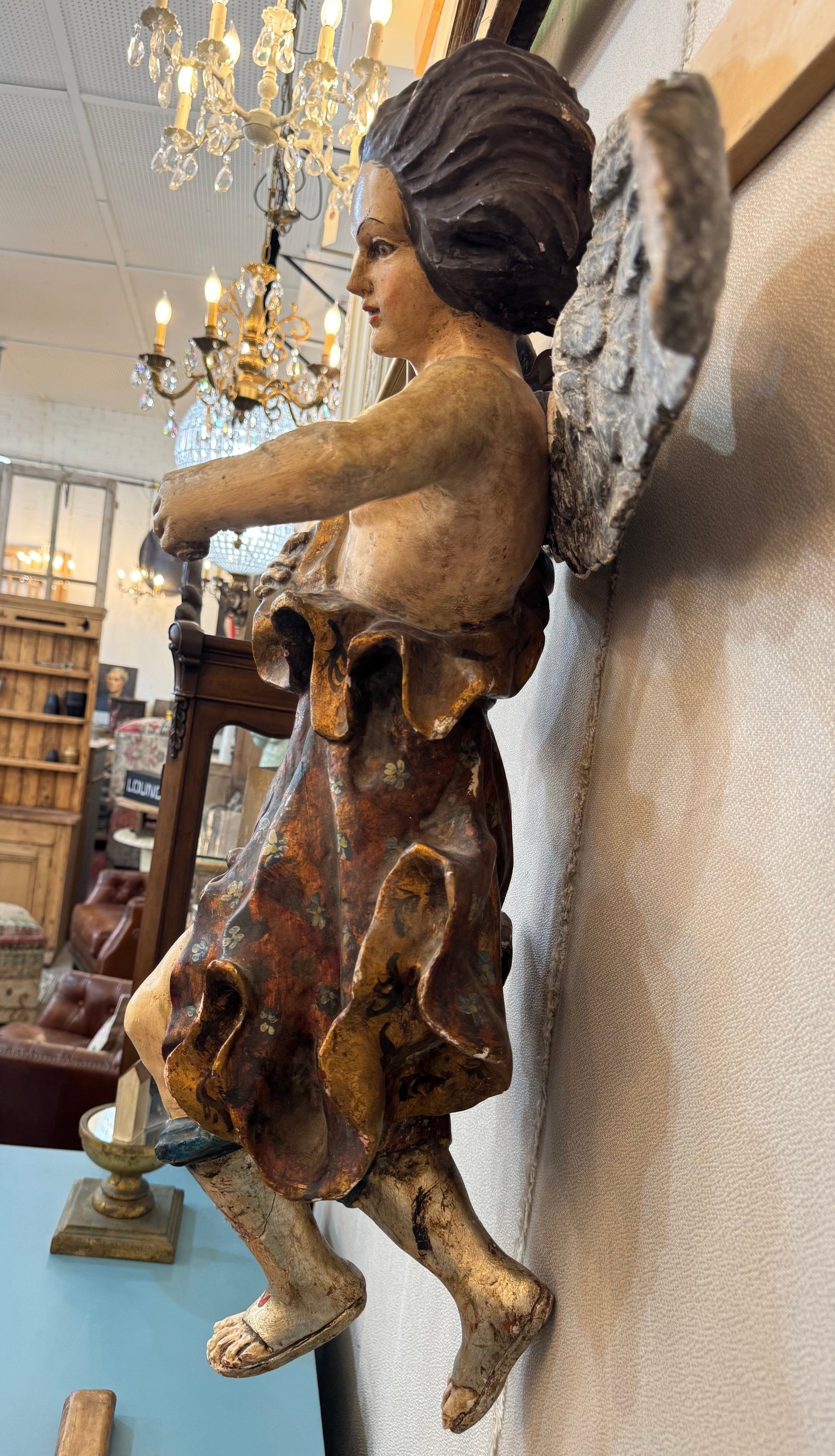 Antique Italian Carved Wood Angel, Original Paint, Circa 1880s - 10