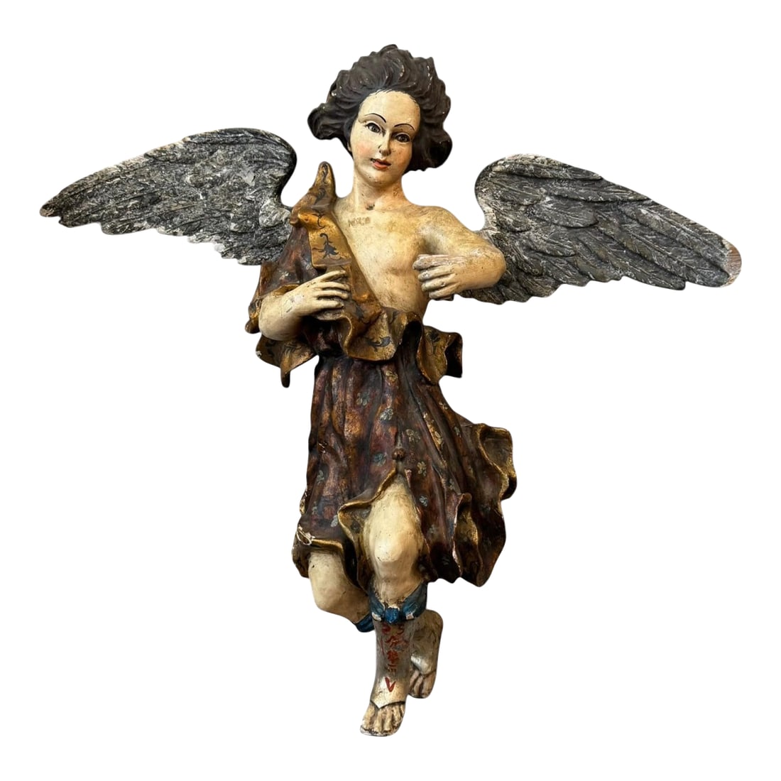 Antique Italian Carved Wood Angel, Original Paint, Circa 1880s: Charming late 19th-century Italian angel sculpture, hand-carved in wood and retaining its original polychrome finish. Featuring expressive detailing, flowing drapery, and beautifully aged wings, this