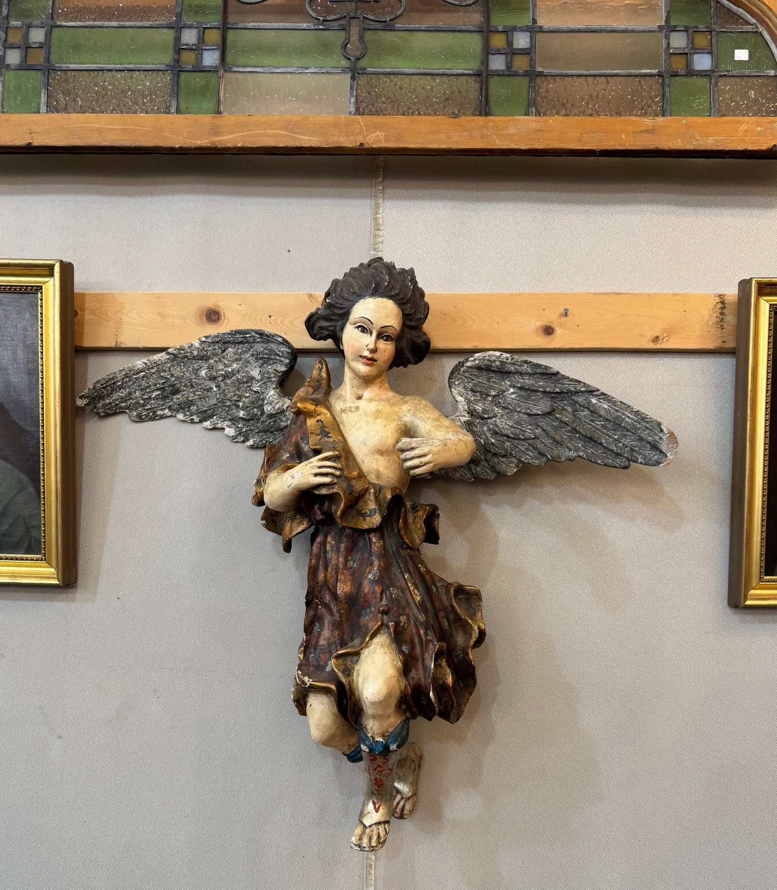 Antique Italian Carved Wood Angel, Original Paint, Circa 1880s - 2
