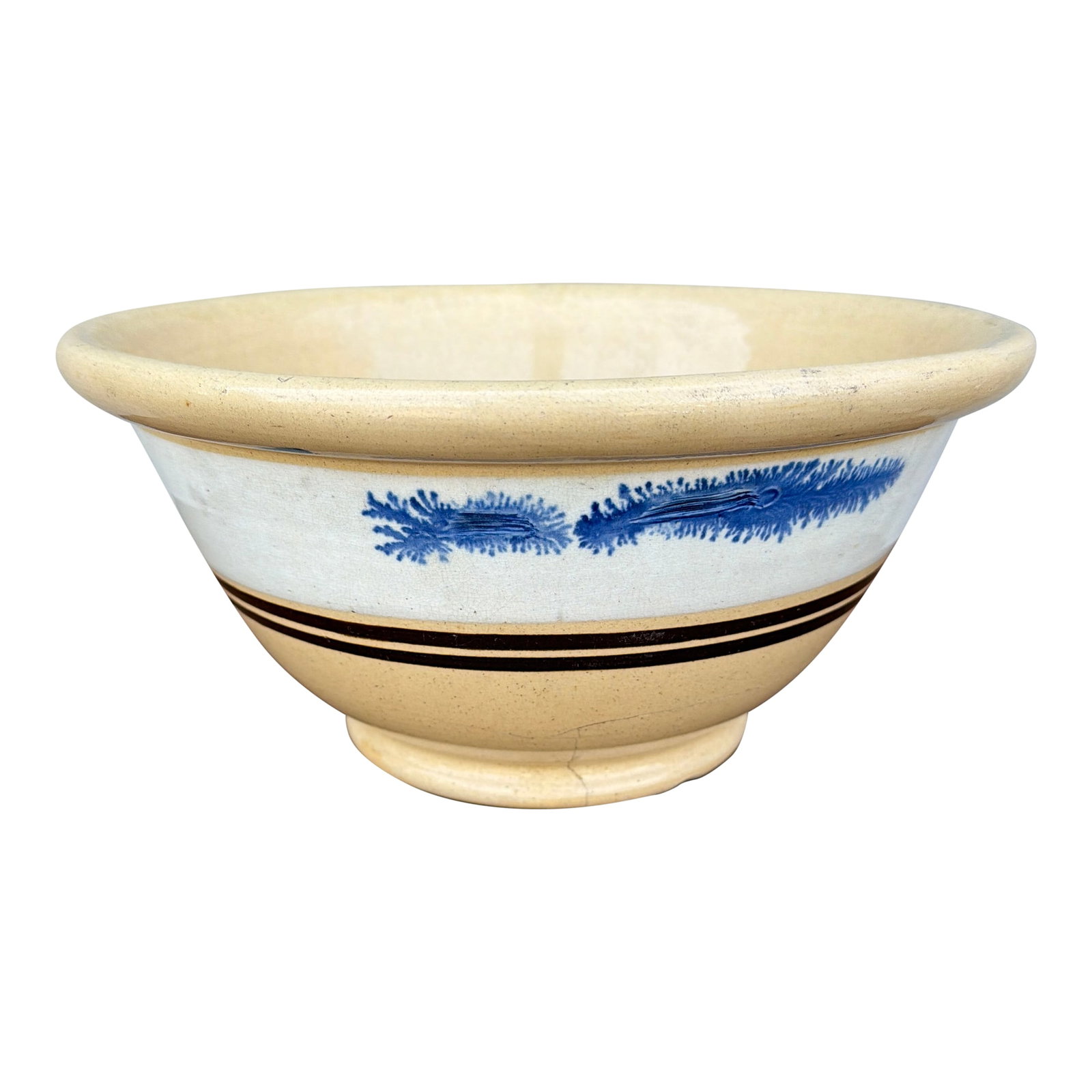Antique English Yellowware Mixing Bowl With Blue Seaweed Decoration, Circa 1840s: Antique English Yellowware Mixing Bowl with Blue Seaweed Decoration, Circa 1840s A visually striking and decoratively appealing example of mid-19th century English yellowware, this substantial mixing