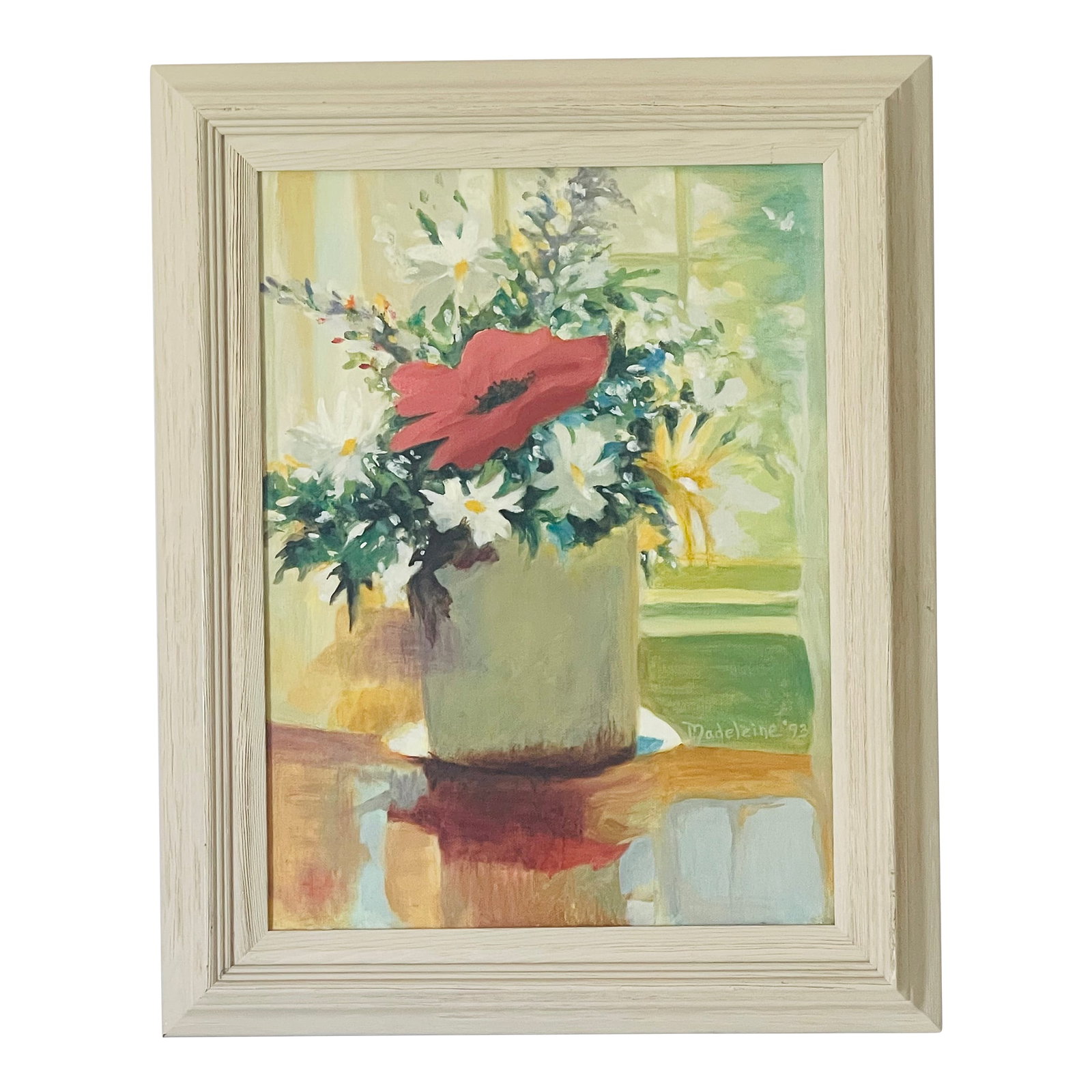 1990s Original Art on Canvas Red Poppy and Daizies Signed Framed (1 of 5)