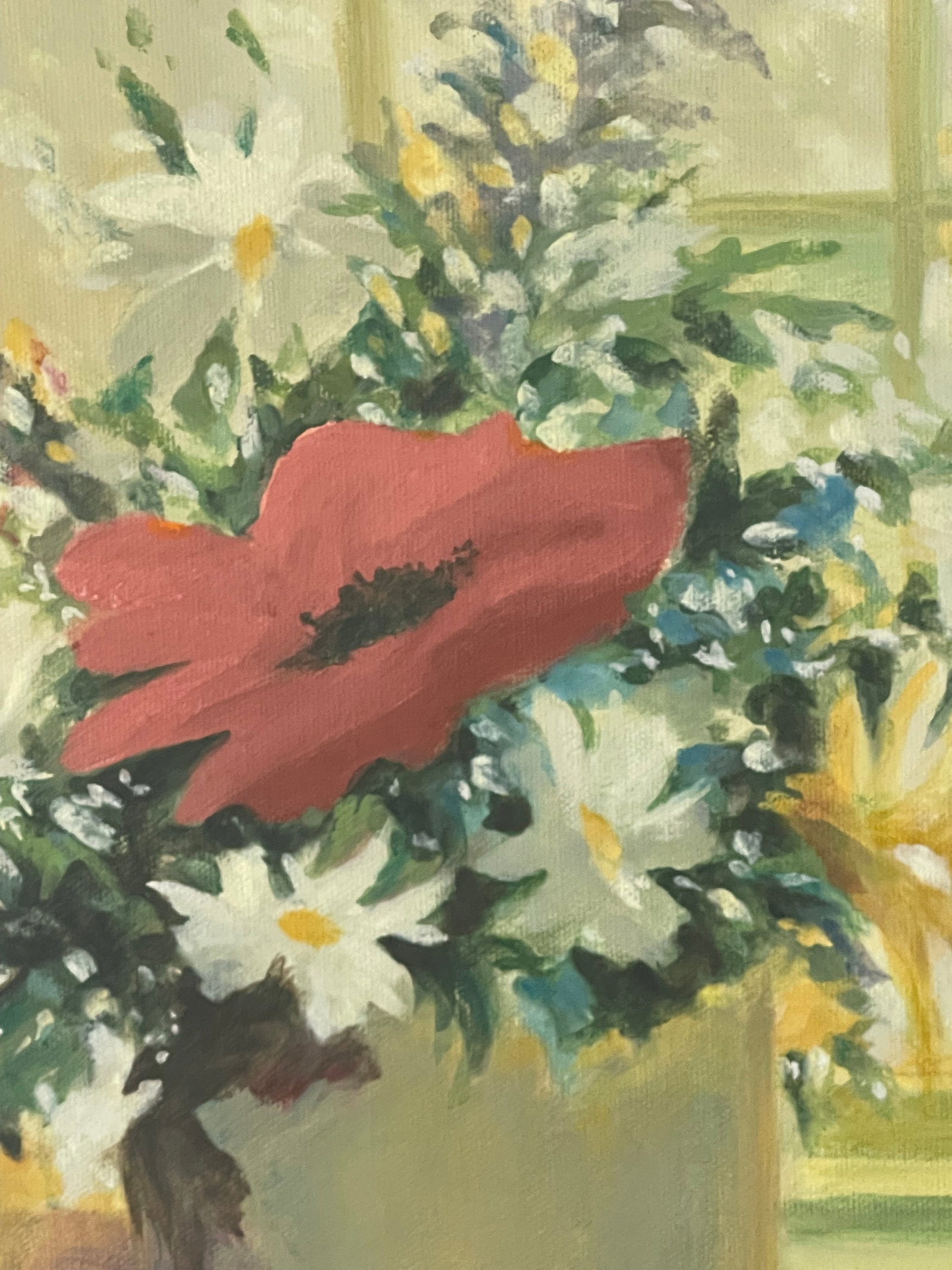 1990s Original Art on Canvas Red Poppy and Daizies Signed Framed - 2