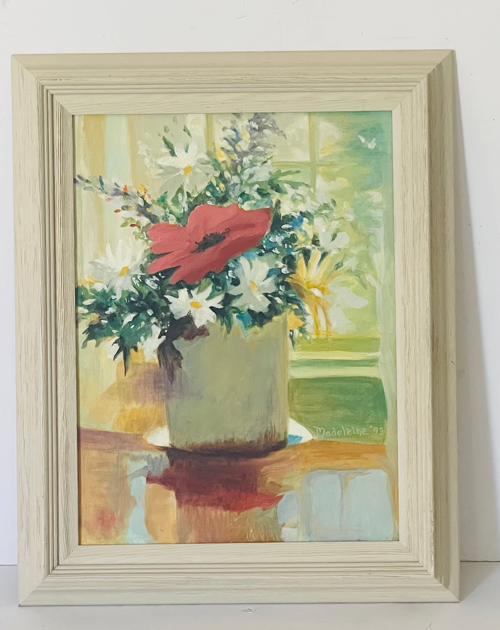 1990s Original Art on Canvas Red Poppy and Daizies Signed Framed - 3