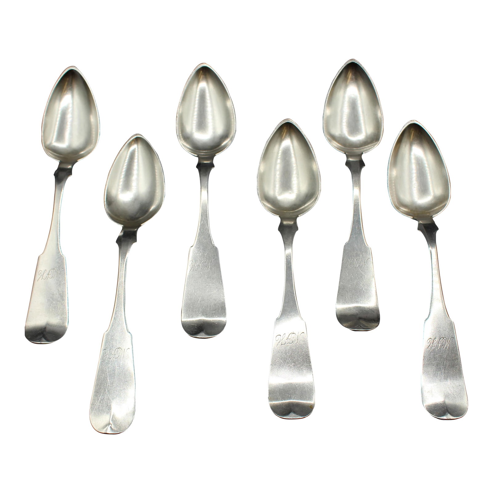 Set of Six Mid-19th Century Coin Silver Tablespoons by G. O. Conrad: Set of six large coin silver tablespoons by G.O. Conrad, mid-19th century. Handsome fiddle pattern with well pointed tips and script monogram "MFH." Made by George Oliver Conrad (1823-1907),