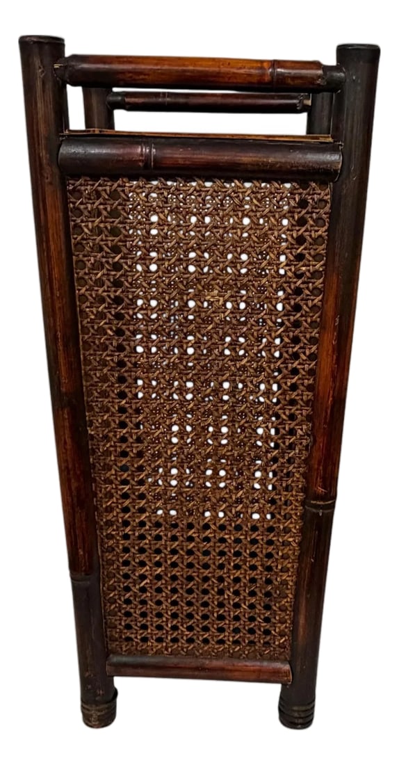 Vintage Bamboo and Cane Umbrella Stand: Vintage bamboo and cane umbrella stand. Drip tray is included. Displays well with French Country, farmhouse, coastal, cabin, lodge, traditional and many other decor styles. Measures 10" square x