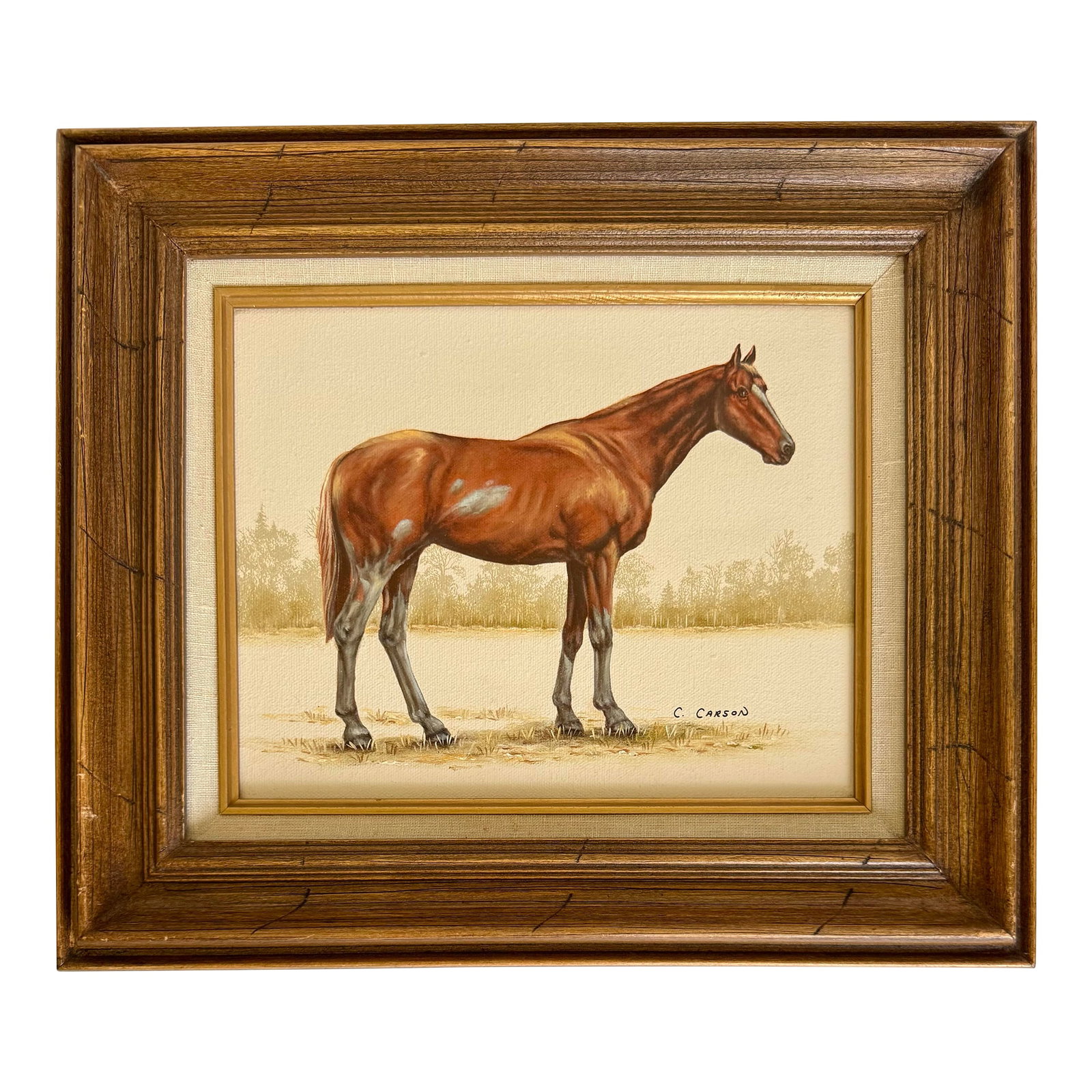 Late 20th C. Signed "Thoroughbred" Horse Hand-Painted Serigraph by Carson: This charming late 20th-century hand-painted serigraph titled Thoroughbred depicts a stately chestnut horse rendered in the classic tradition of equestrian sporting art. Signed by Carson and