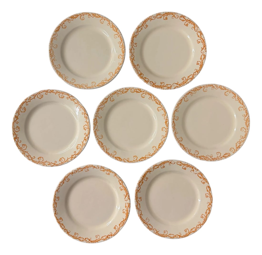Vintage Val Do Sol Hand Painted Salad Plates Made in Portugal - Set of 7: Offering this set of seven Val Do Sol hand painted salad plates. Brand: Val do Sol (Cerâmicas, S.A.), handcrafted in Portugal.Design: Features an intricate orange scroll pattern hand-painted