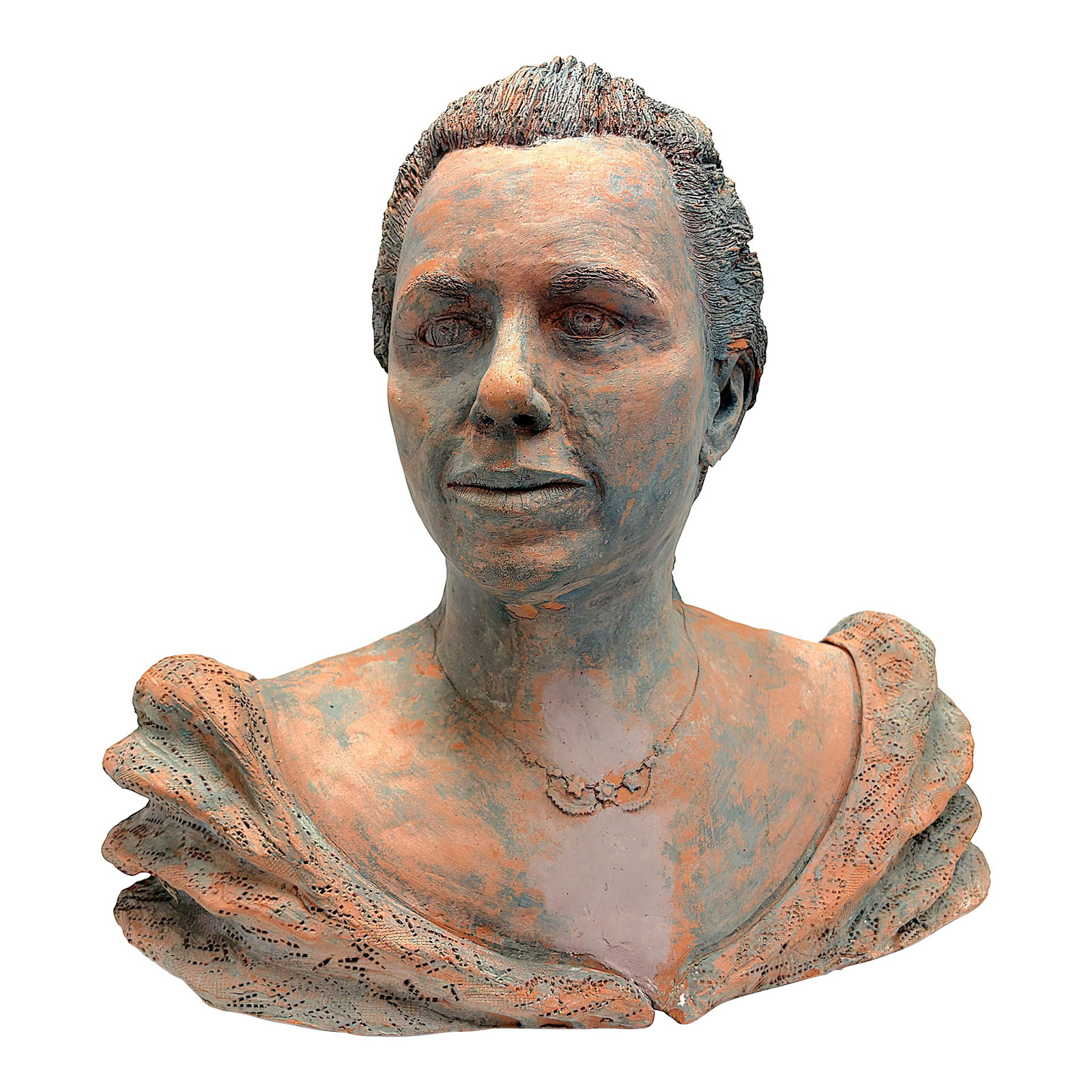 Vintage Signed Original Terra Cotta Bust Sculpture C1991: Very interesting original signed and dated bust sculpture circa 1991. It is made of terra cotta with a gray modeled finish giving it an old world rustic feeling. She has incredible detail from her