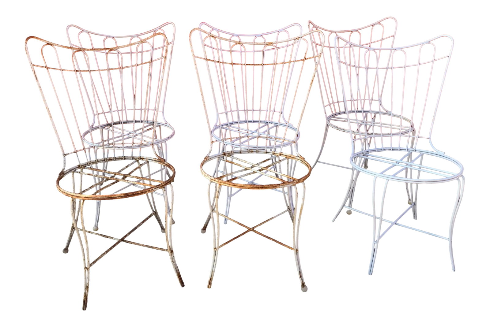 Mid Century Homecrest Wire Patio Dining Chairs - Set of 6: Set of six Homecrest attributed wire patio dining chairs features the best of retro design with hairpin legs, swooping wingback sand removable seats. Condition: Alterations: Original Condition