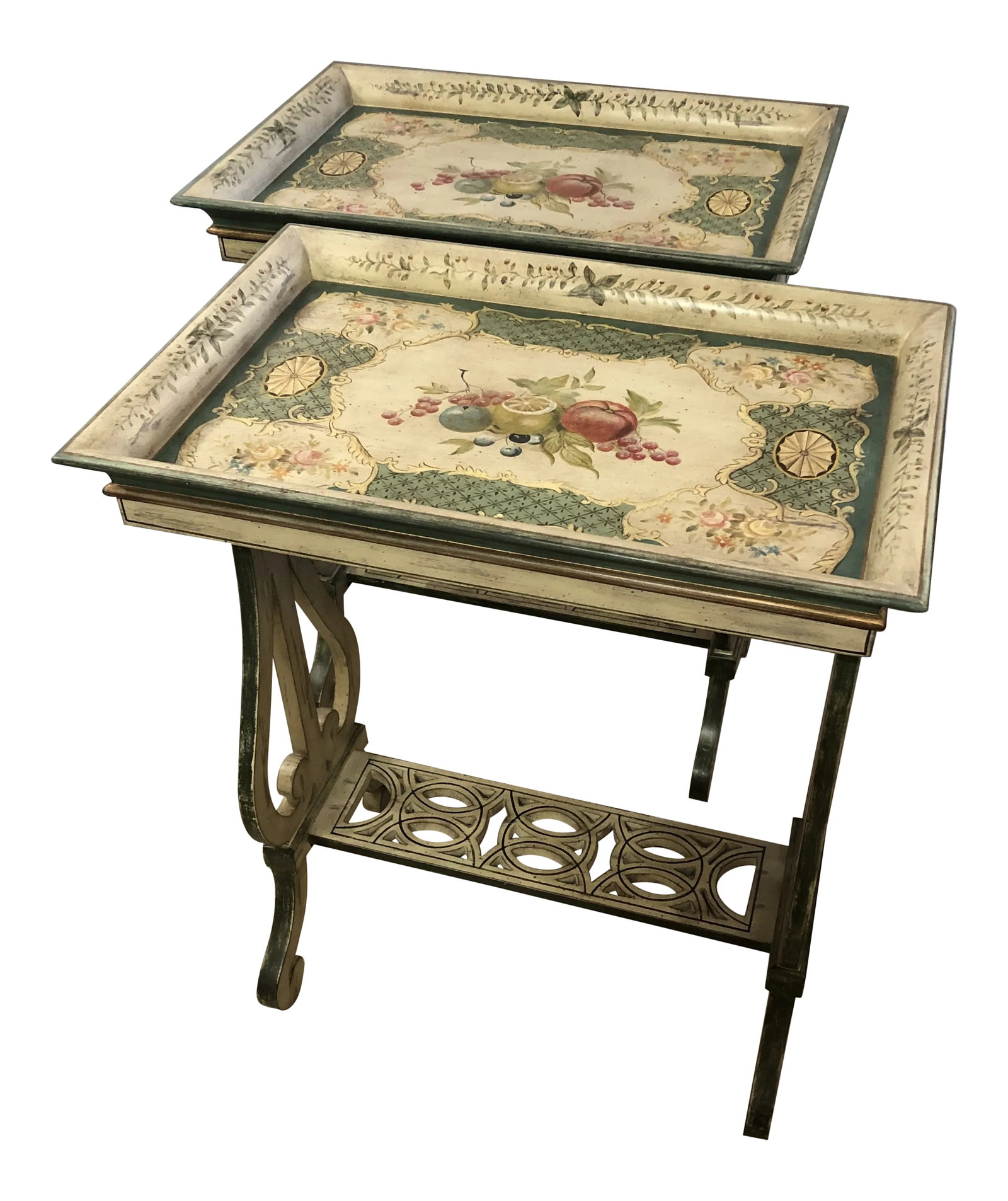 Rectangular Painted Side Tables -A Pair: A matching pair of painted rectangular side tables having lyre shaped legs and fretwork lower tier. Color palette is a refreshing neutral blend of green, cream and pink. Condition: Alterations: