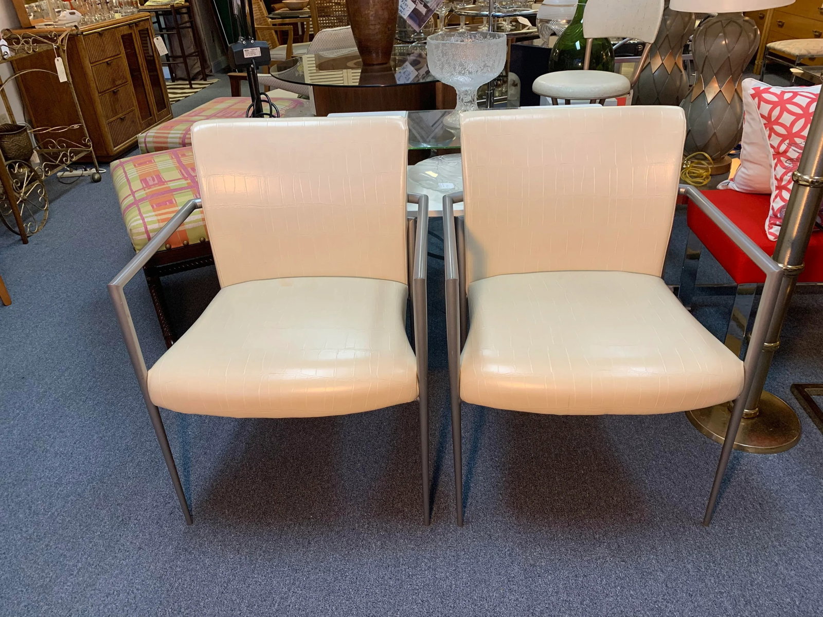 Hickory Business Furniture Faux Croc and Metal Arm Chairs - A Pair - 10