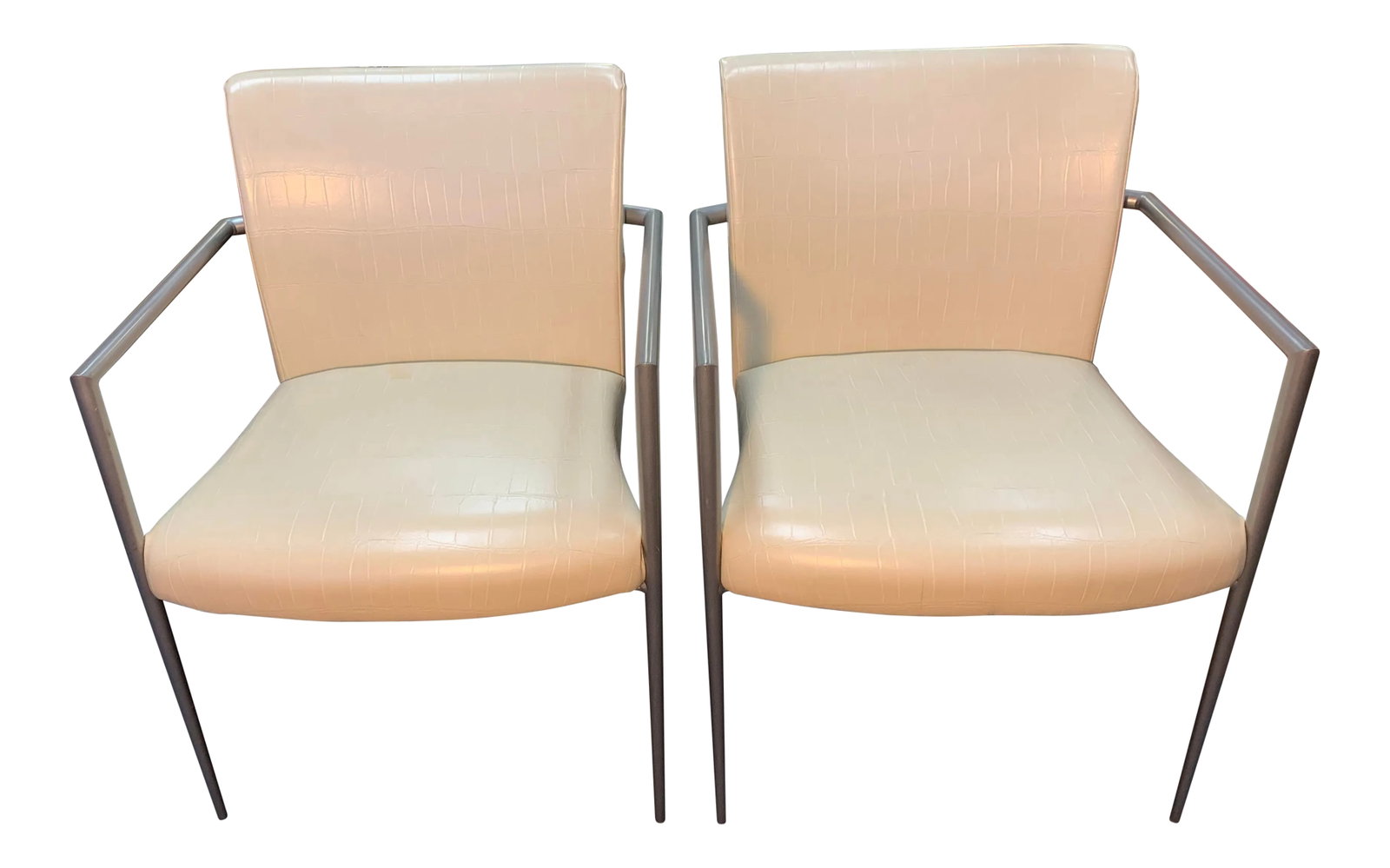 Hickory Business Furniture Faux Croc and Metal Arm Chairs - A Pair: A nice pair of armchairs from the late 20th century by Hickory Business Furniture. They have a heavy metal frame in a silver-tone finish. The upholstery is a faux crocodile in an eggshell color. Both