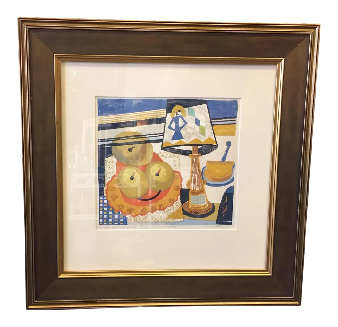 1930s "Apples" Print by Kent for New York City w.p. Art Project: 1930's block print titled "Apples" by Kent for the NYC WP Art Project. The bright cobalt and yellow shades add a splash of color to any room! Condition: Alterations: Original Condition Unaltered