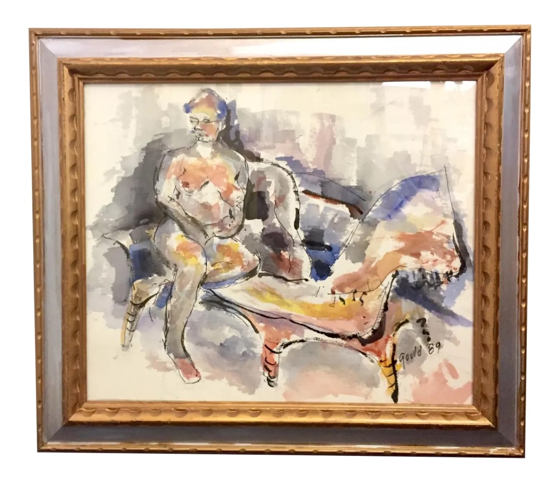 Vintage John Howard Gould (Canada, 1929-2010) Original "Girl in Repose" Watercolor Painting Circa 19: Stunning vintage John Howard Gould (Canada, 1929-2010) original framed watercolor painting circa 1989. The piece is titled "Girl in Repose" and signed and dated in the lower righthand corner. It is pr