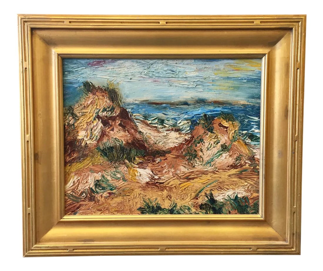 1963 Original Signed "Fire Island" Impasto Painting: Love the dramatic texture and color of this painting! The original oil on canvas depicts Fire Island, New York. It's done in the impasto painting styling layering thick coats of paint in a painterly