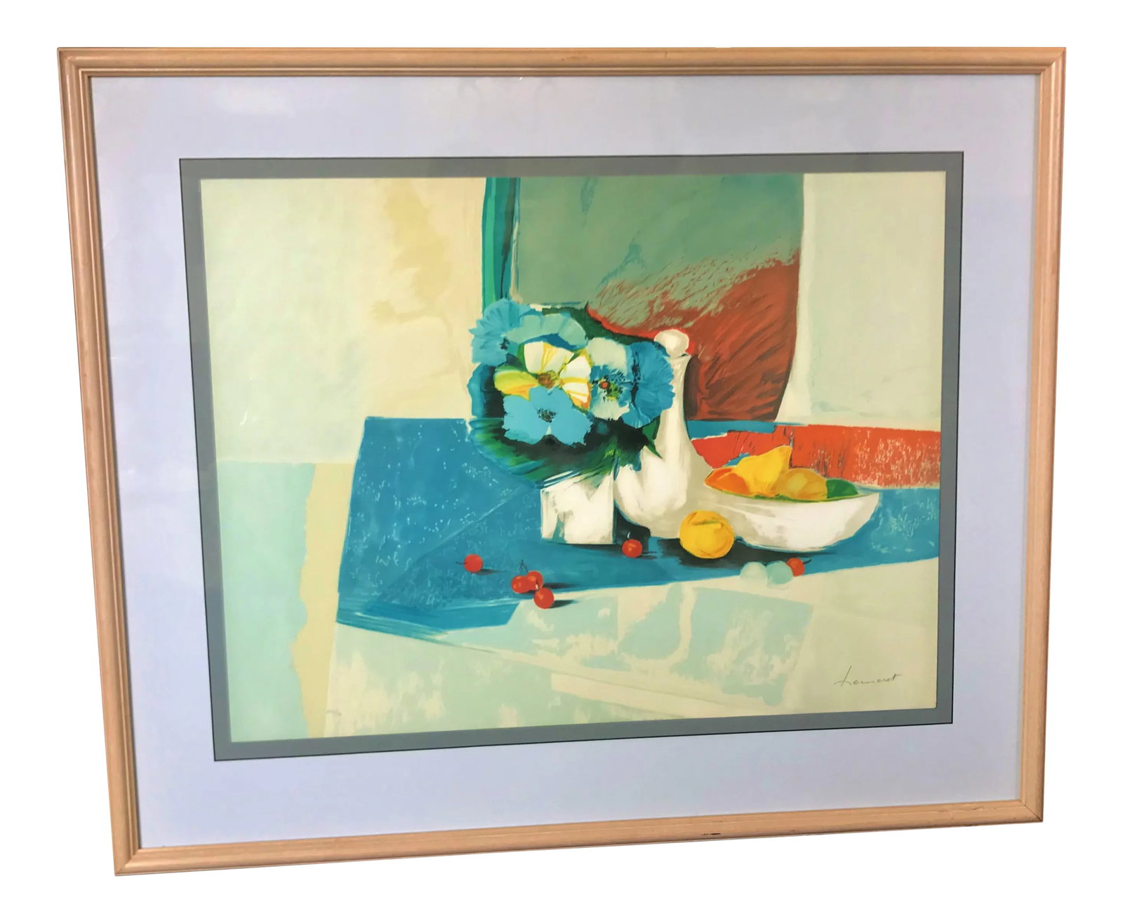 Vintage Mid-Century Claude Lemeret Limited Edition Signed French Still Life Painting: This is a large and colorful French still life by popular artist, Claude Lemeret. It is a signed and numbered limited edition lithograph. The floral and fruit composition has gorgeous shades of