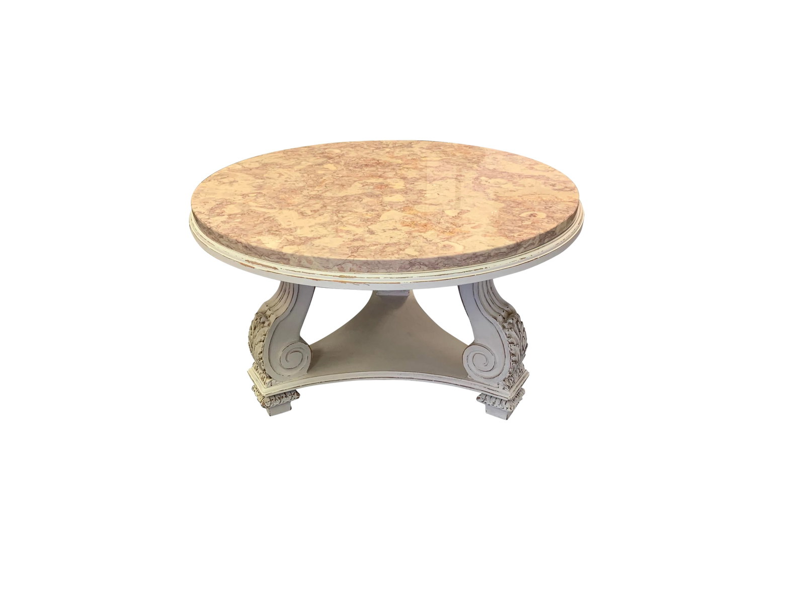 Vintage French Neoclassical Rose Tarlow Style Marble and Wood Coffee Table: Pretty vintage French Neoclassical coffee table in the style of Rose Tarlow. The round top is made of a thick slab of aurora blush marble. The heavy wood base has carved and fluted designs with an