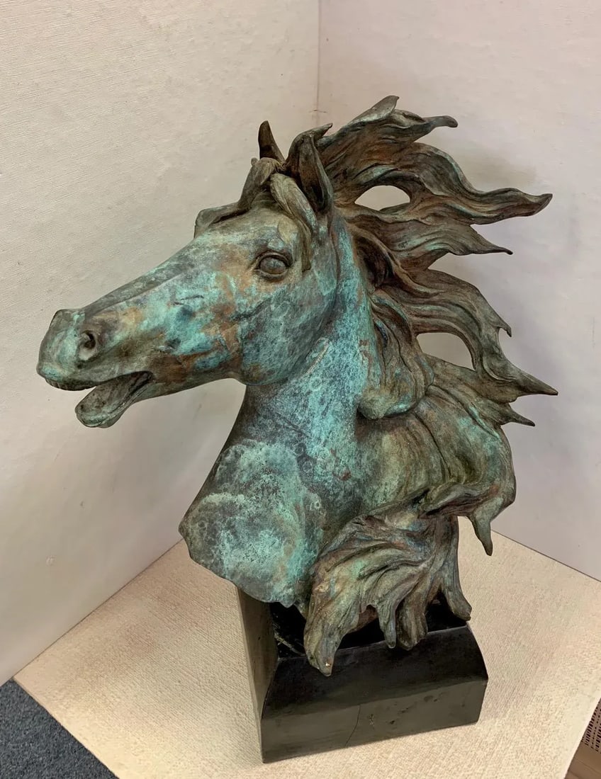 Original Bronze Mustang Bust Sculpture With Verdigris Finish - 2