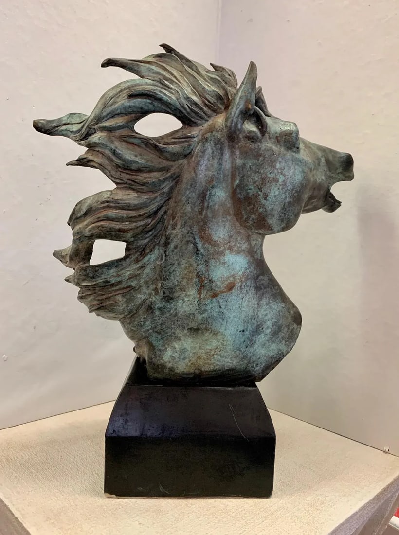 Original Bronze Mustang Bust Sculpture With Verdigris Finish - 4