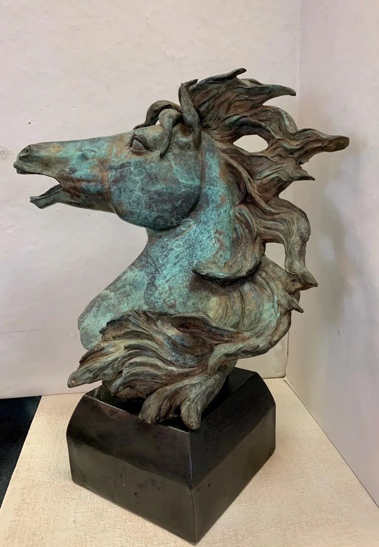 Original Bronze Mustang Bust Sculpture With Verdigris Finish - 5