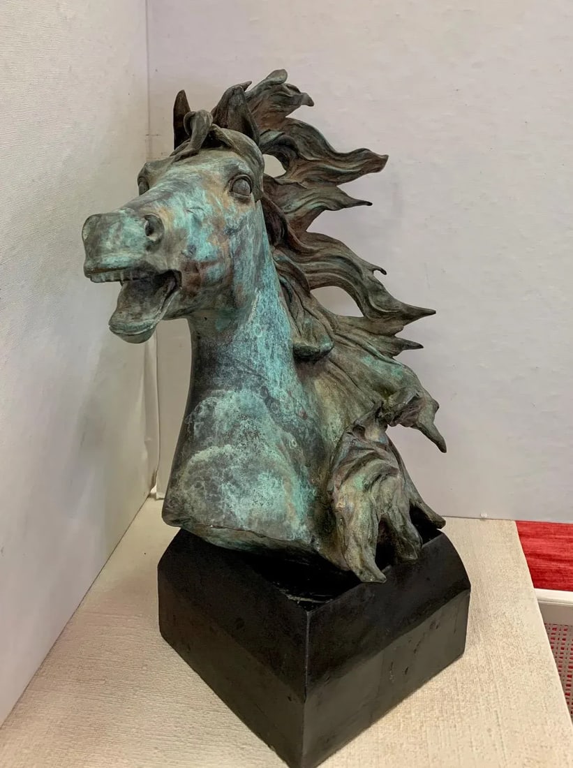 Original Bronze Mustang Bust Sculpture With Verdigris Finish - 6