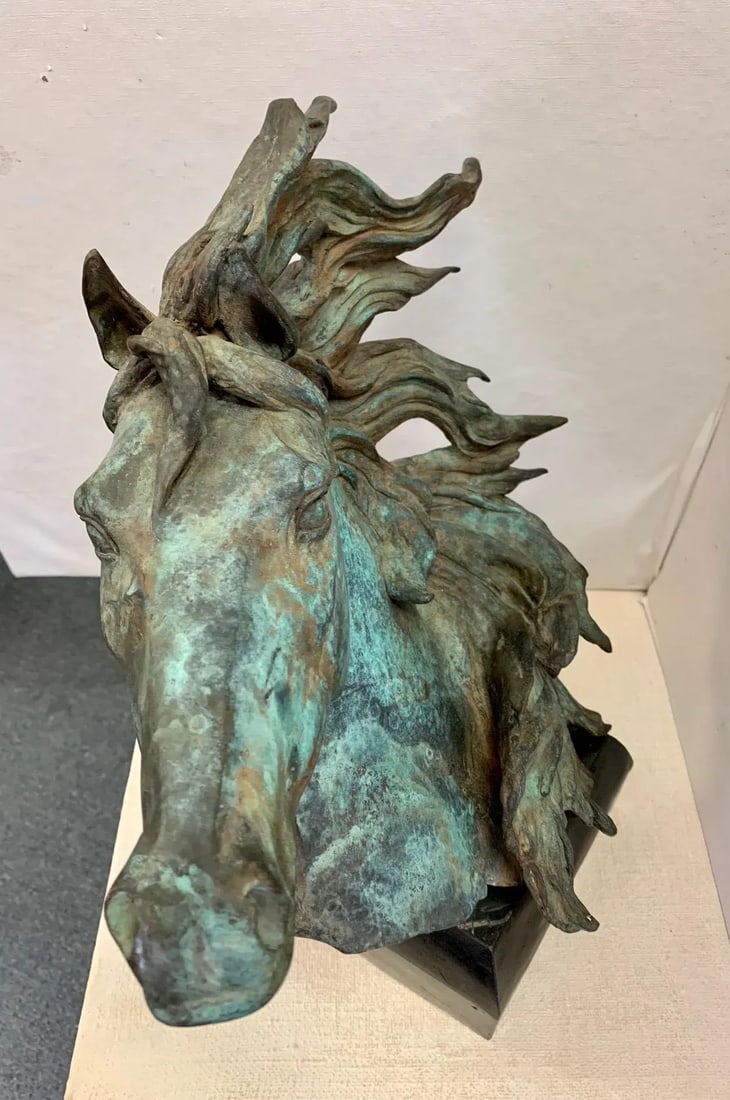 Original Bronze Mustang Bust Sculpture With Verdigris Finish - 7