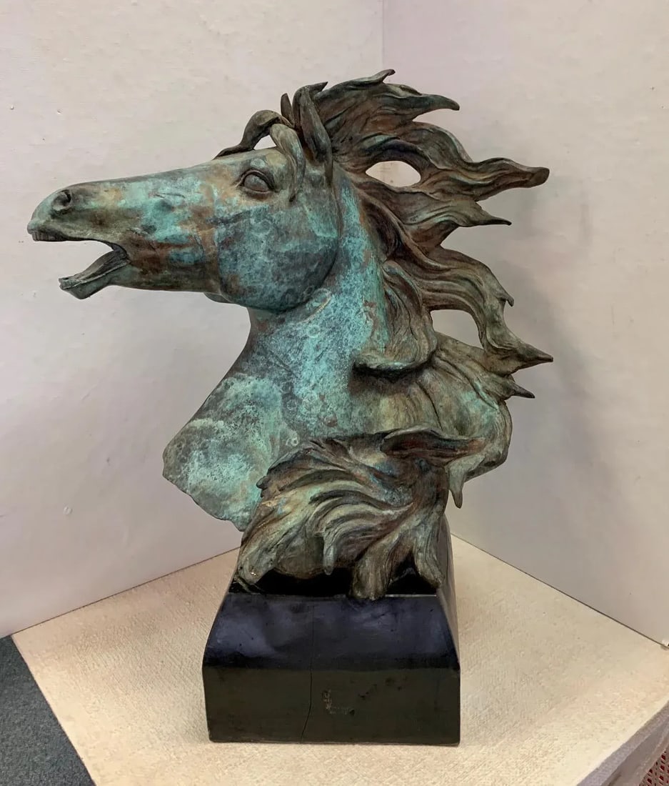 Original Bronze Mustang Bust Sculpture With Verdigris Finish - 9