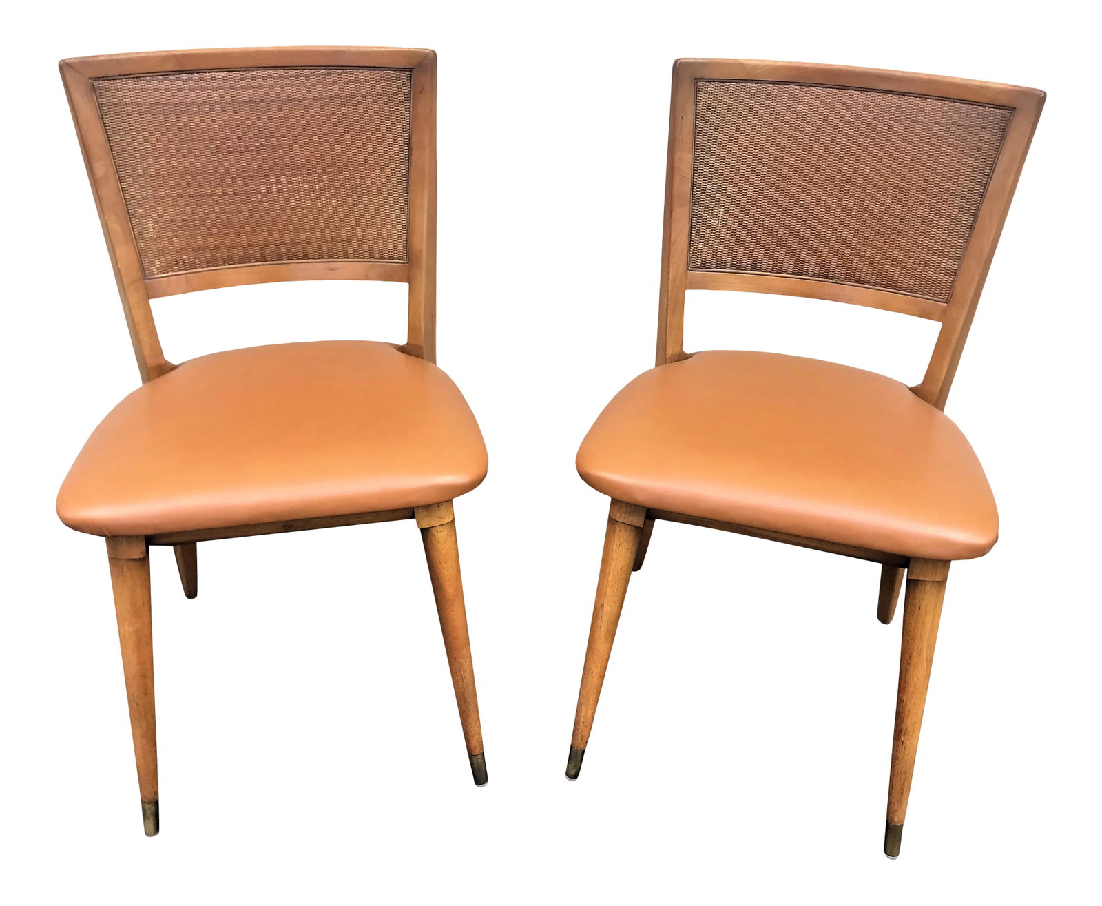 Mid-Century Modern William A. Berkey for John Widdicomb Walnut Side Chairs With Faux Leather Seats -: Fabulous mid-century modern chairs by William A. Berkey for John Widdicomb. The walnut chairs have clean lines, and new faux leather upholstery in a caramel color. The front legs have a brass foot. Th
