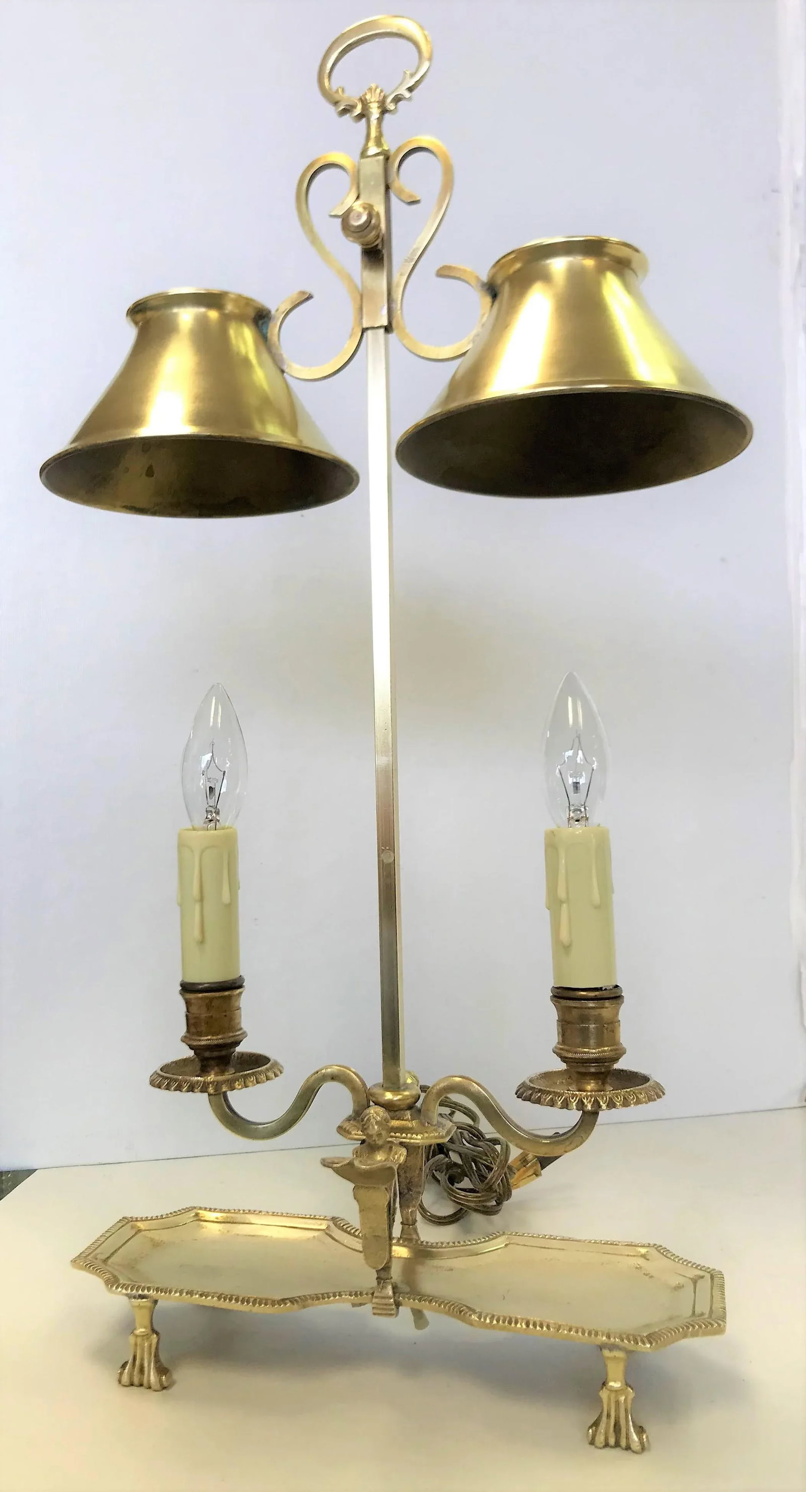 Antique Italian Brass Student Oil Lamp Converted to Electric With Adjustable Height Shades - 12