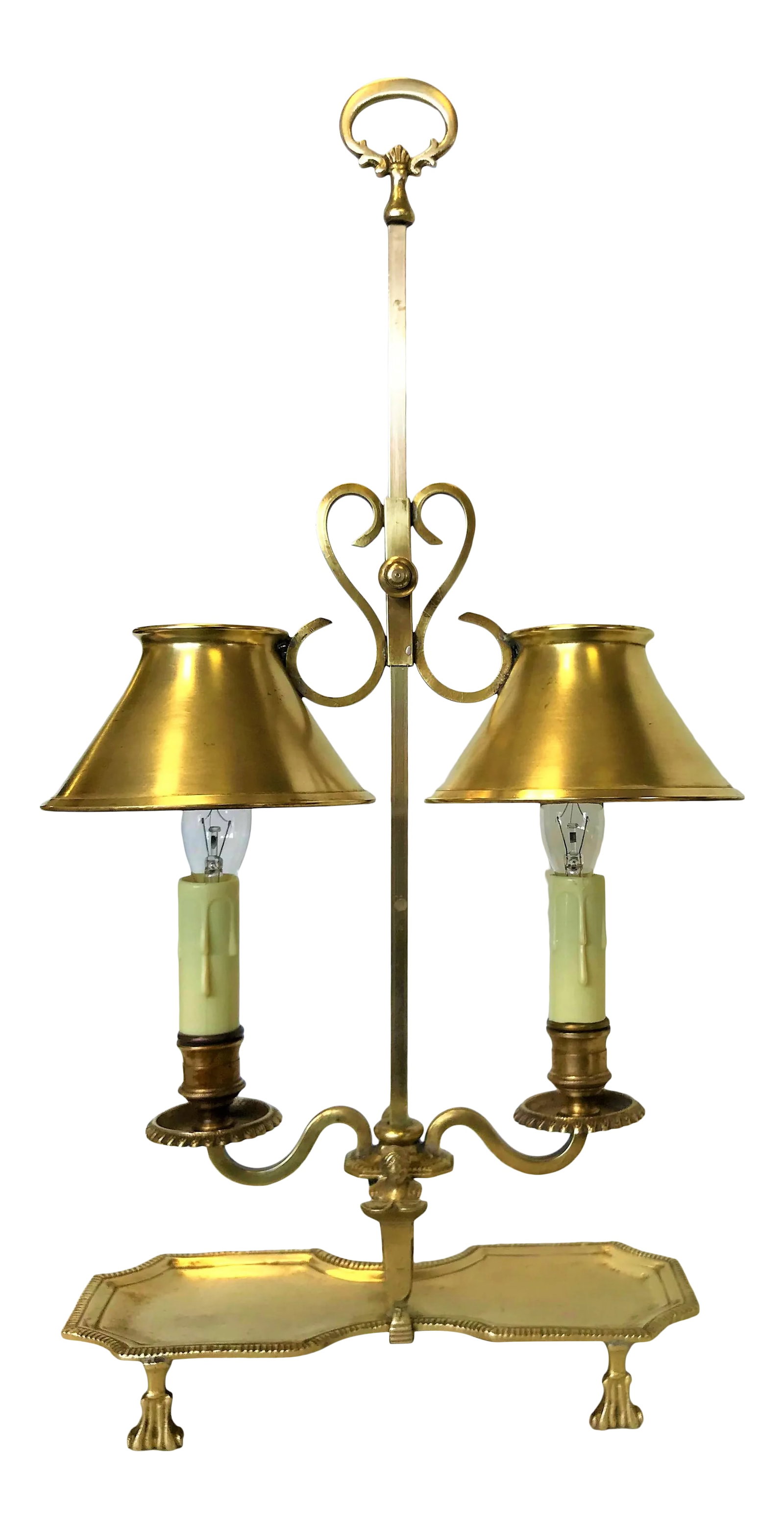 Antique Italian Brass Student Oil Lamp Converted to Electric With Adjustable Height Shades: Very pretty antique student lamp. This beautiful lamp is made of brass from Italy, with a fantastic aged patina. It stands on four scrolled brass feet with a tray to hold all your desktop essentials.