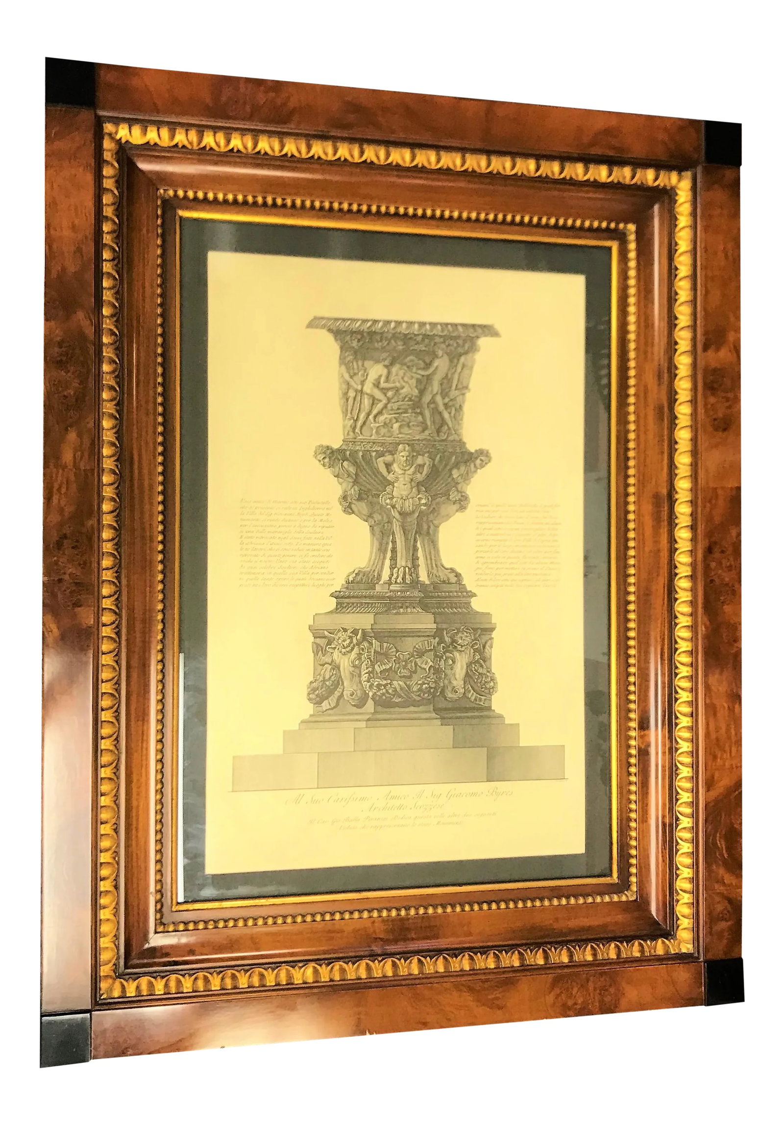 Giovanni Battista Piranesi Urn Etching in Frame: Fantastic! This is a beautifully framed urn etching by 18th century architect, Giovanni Batista Piranesi. He was an influential figure in the neoclassical movement. The thick and heavy frame is in