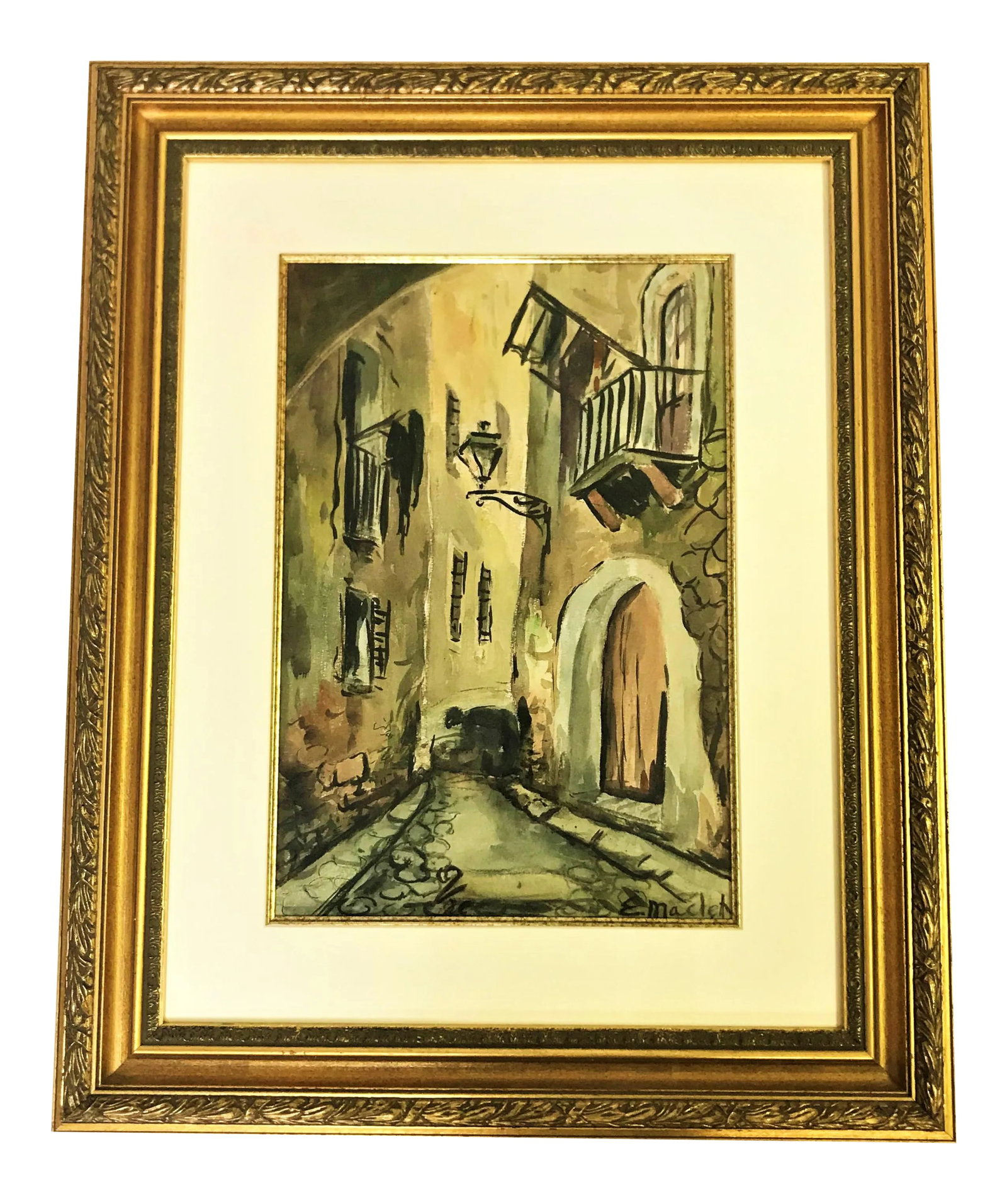 Signed Original Watercolor by Elisée Maclet (French, 1881-1962): Such a moody and mysterious original watercolor! This original signed watercolor is by highly collectible artist Elisée Maclet (France, 1881-1962). It depicts a French Street Scene, including a n