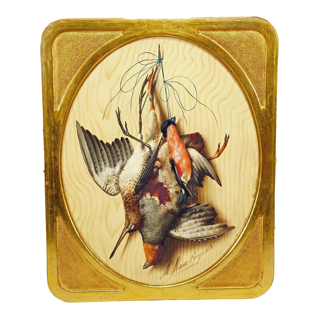 Antique Trompe l'Oeil Painting by Micheangelo Meucci, Florence 1867: Antique Trompe l'oeil Painting by Micheangelo Meucci, Florence 1867 Item e6857 A large Trompe l'oeil oil painting depicting hunted birds. A very detailled and colorful oil painting on board painted
