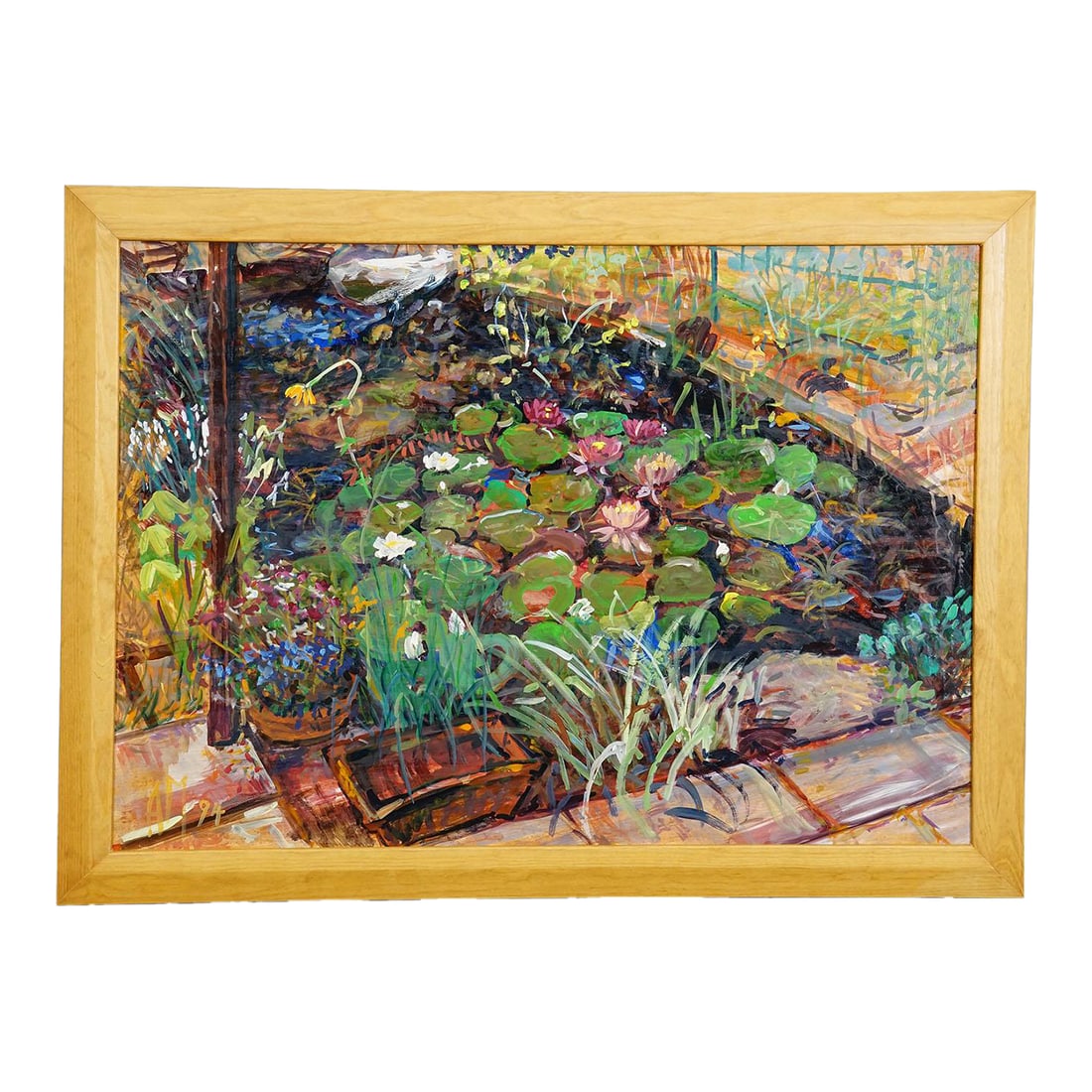 Garden Pond With Water Lilies, 1994 – Oil Painting by Alexander Michael: Garden Pond with Water Lilies, 1994 – Oil painting by Alexander Michael Item e7646 This vibrant oil painting from 1994 captures a beautifully arranged garden pond surrounded by lush plants and