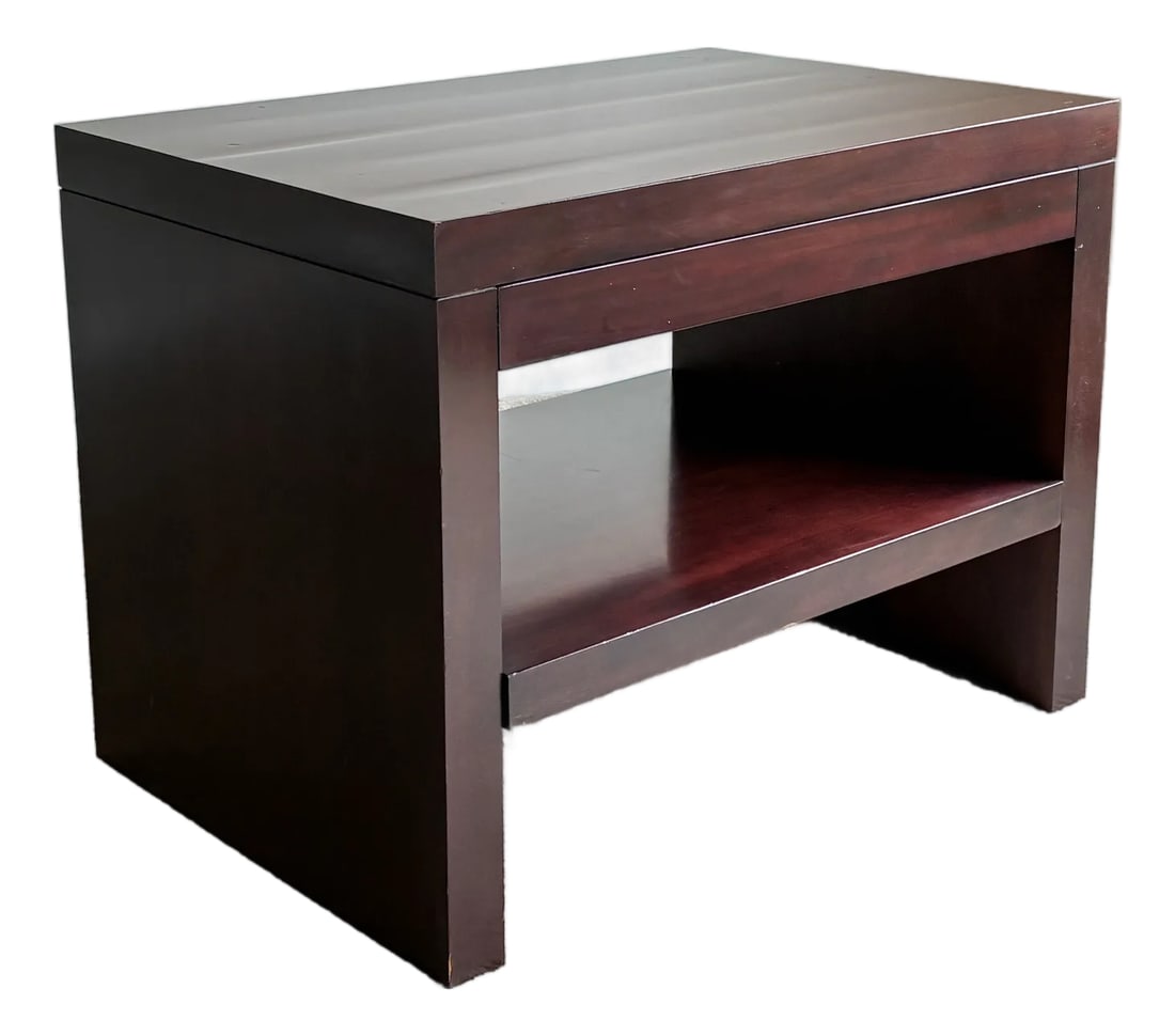 Late 20th Century Barbara Barry for Baker Dark Mahogany Modern Side Table / Nightstand With Pull-Out: Sophisticated minimalist side table designed by Barbara Barry for Baker Furniture, executed in a richly finished dark mahogany tone with clean architectural lines and understated luxury detailing.