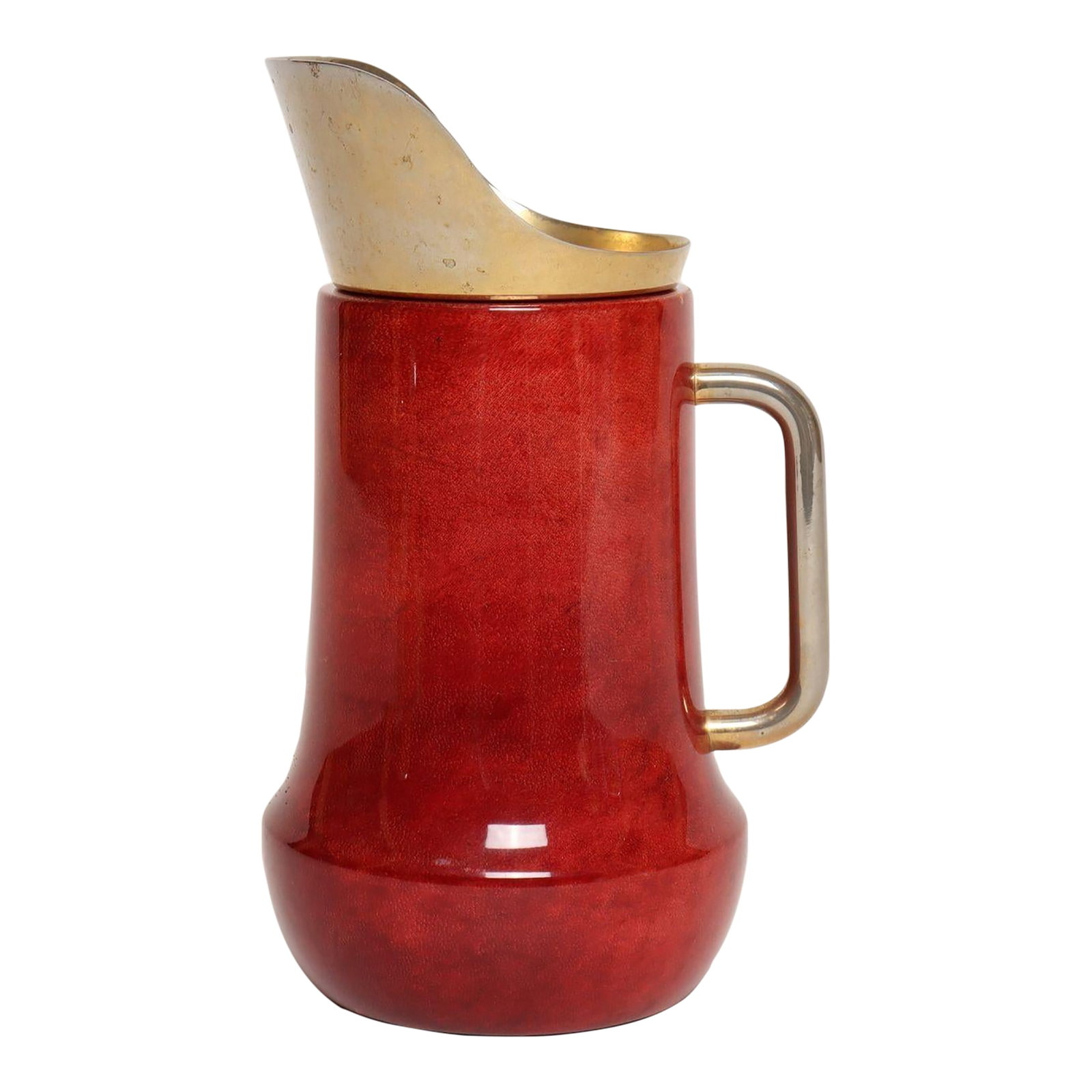 1950s Italian Modernist Pitcher in Brass and Dyed Red Goatskin by Aldo Tura: Aldo Tura Italian walnut pitcher wrapped in lacquered dyed-red goatskin with brass spout and handle (ca. 1950s, Italy). Brass has been polished but shows scuffs/spotting consistent with age/use.