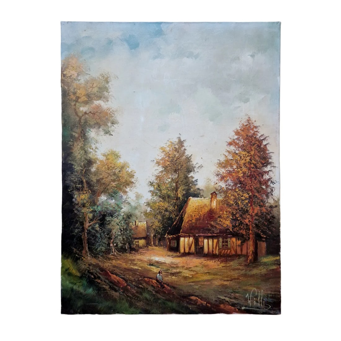 Late-20th Century Signed Villi - Cottage Landscape, Oil on Canvas: Oil on canvas depicting a rustic countryside scene with cottages nestled among trees, rendered in warm autumnal tones. The composition features a thatched-roof house illuminated by soft light, with a