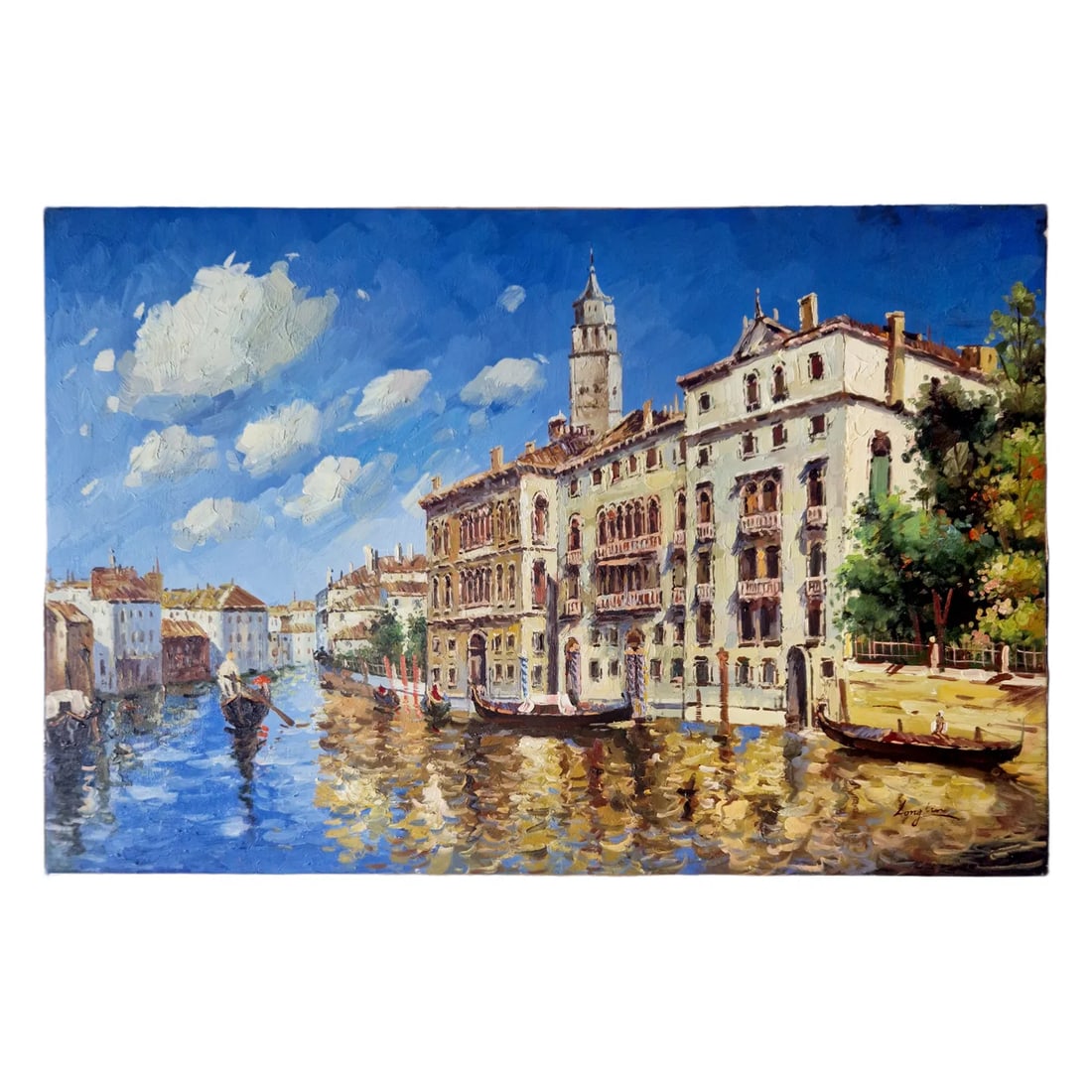 Mid-20th Century Signed Long Lin - Venetian Canal Scene With Gondolas, Oil on Canvas: Oil on canvas depicting a lively Venetian canal scene with gondolas gliding along reflective waters, set before elegant historic architecture under a bright blue sky. Rendered with expressive brushwor