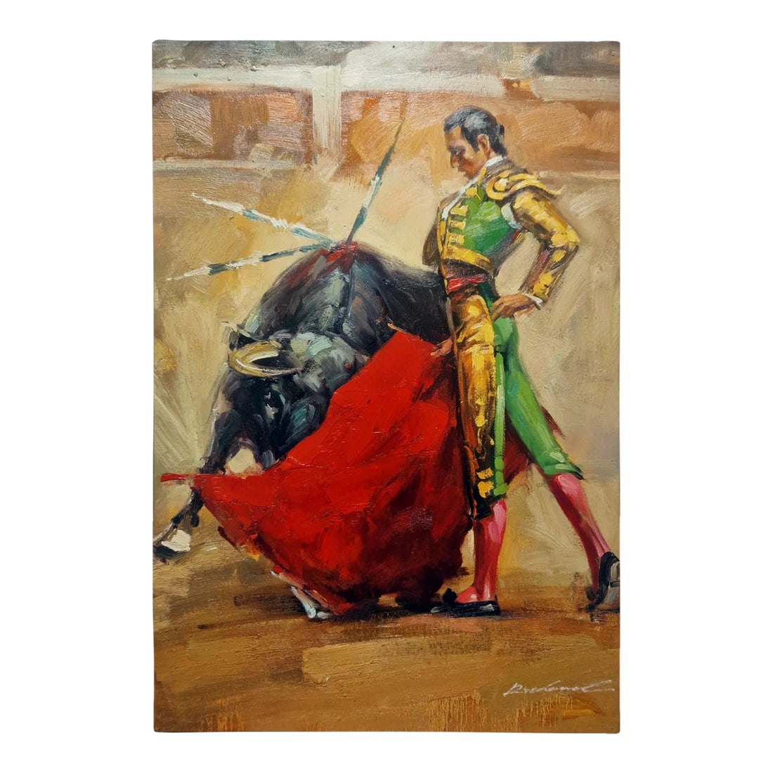 Mid-20th Century Signed Illegibly - Bullfight Scene With Matador, Oil on Canvas: Original oil on canvas depicting a matador confronting a bull in a bullfighting arena. The composition focuses on the interaction between figure and animal, with the red cape creating a strong visual