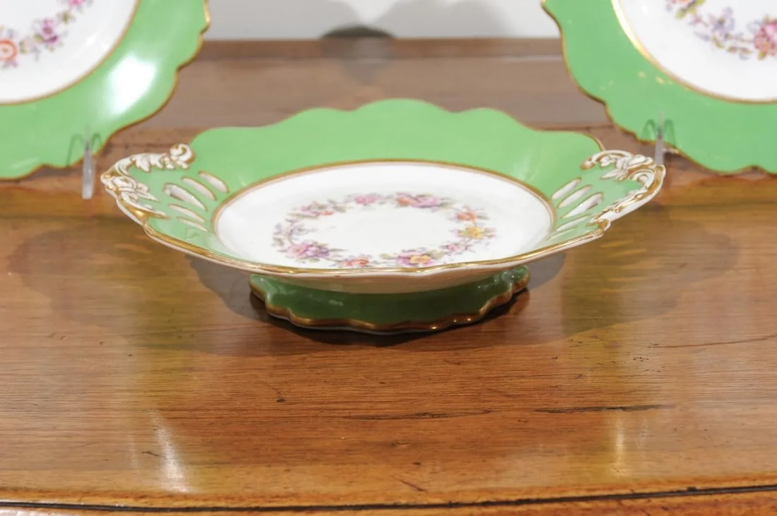 Antique Ridgway Porcelain Compote with Green Rim & Floral Décor - 5