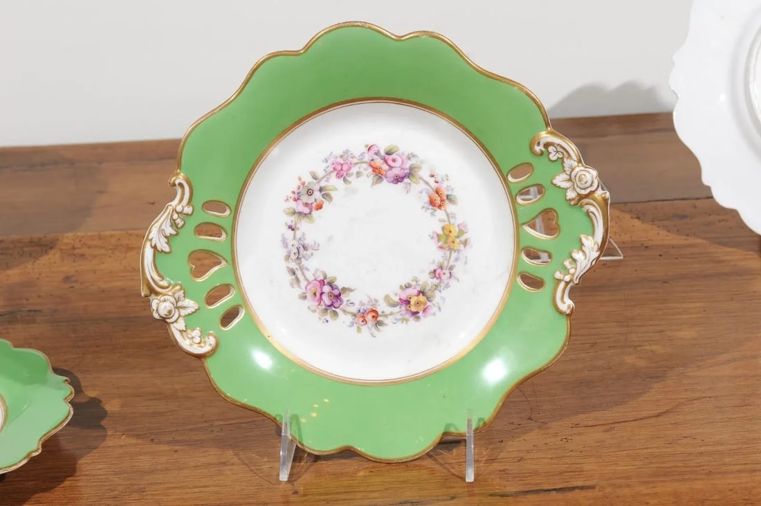 Antique Ridgway Porcelain Compote with Green Rim & Floral Décor - 9