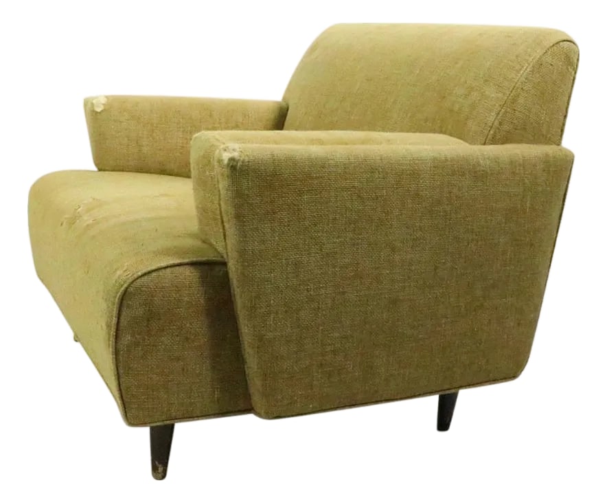 Mid 20th Century Club Chair: Mid Century club chair having stylish lines and well constructed frame. This example will need to be reupholstered as the fabric is worn and faded. Measures: Total H 29.5 x arm H 20.5 x seat H 14.5